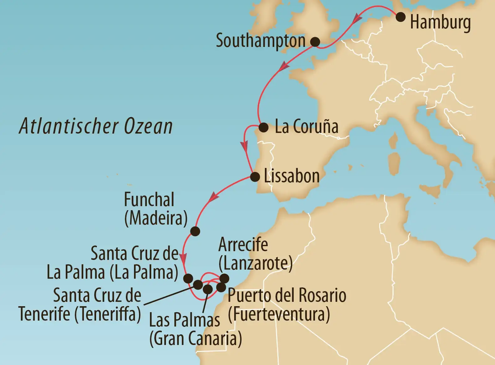 Routenkarte einer Kreuzfahrt von Hamburg über Westeuropa zu den Kanarischen Inseln und Madeira
