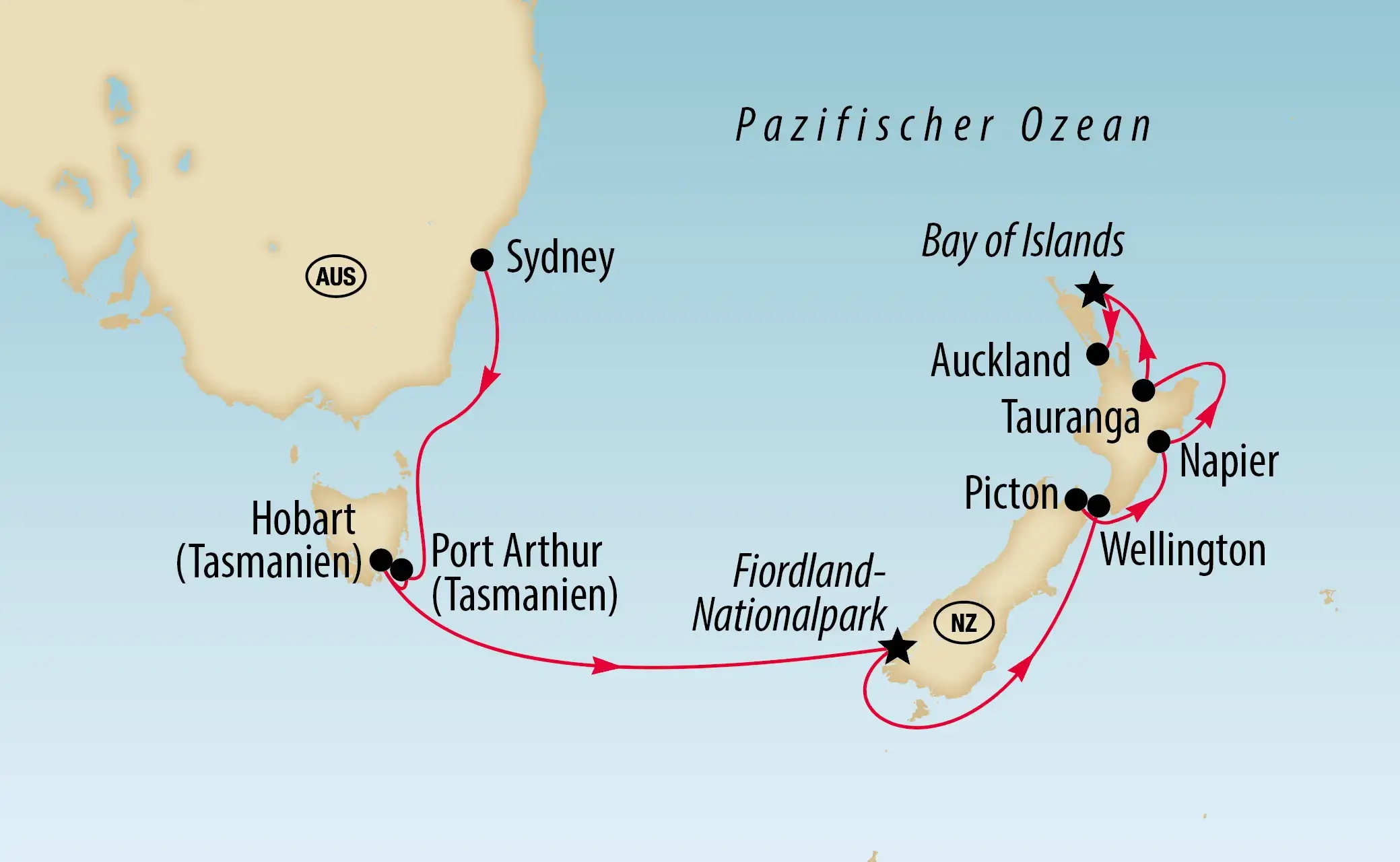 Karte einer Kreuzfahrtroute von Sydney über Tasmanien nach Neuseeland mit Stationen in Hobart, Port Arthur, Fiordland-Nationalpark, Picton, Wellington, Napier, Tauranga, Auckland und Bay of Islands