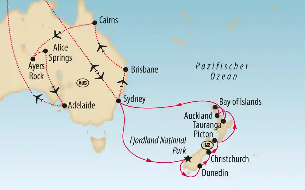 Karte mit Reiseroute durch Australien und Neuseeland inklusive Flugstrecken und Hafenstopps
