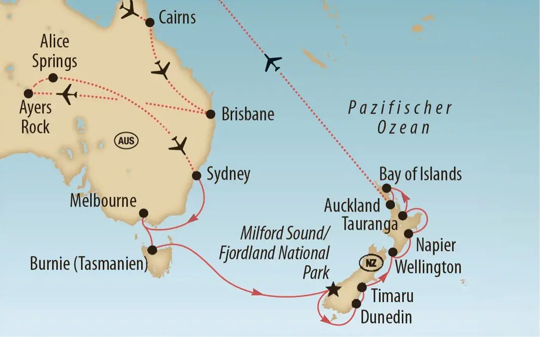 Übersichtskarte der Reise durch Australien und Neuseeland