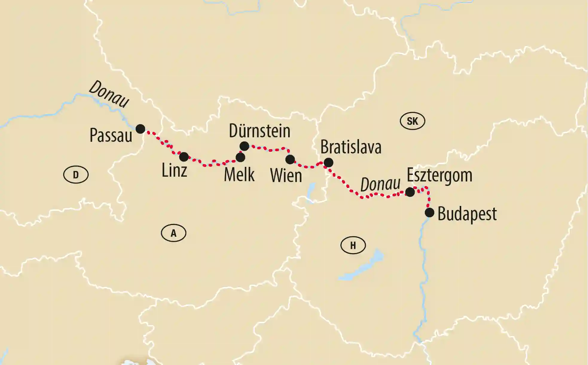 Karte der Donau mit eingezeichneter Route zwischen Passau Linz Wien Bratislava Esztergom und Budapest