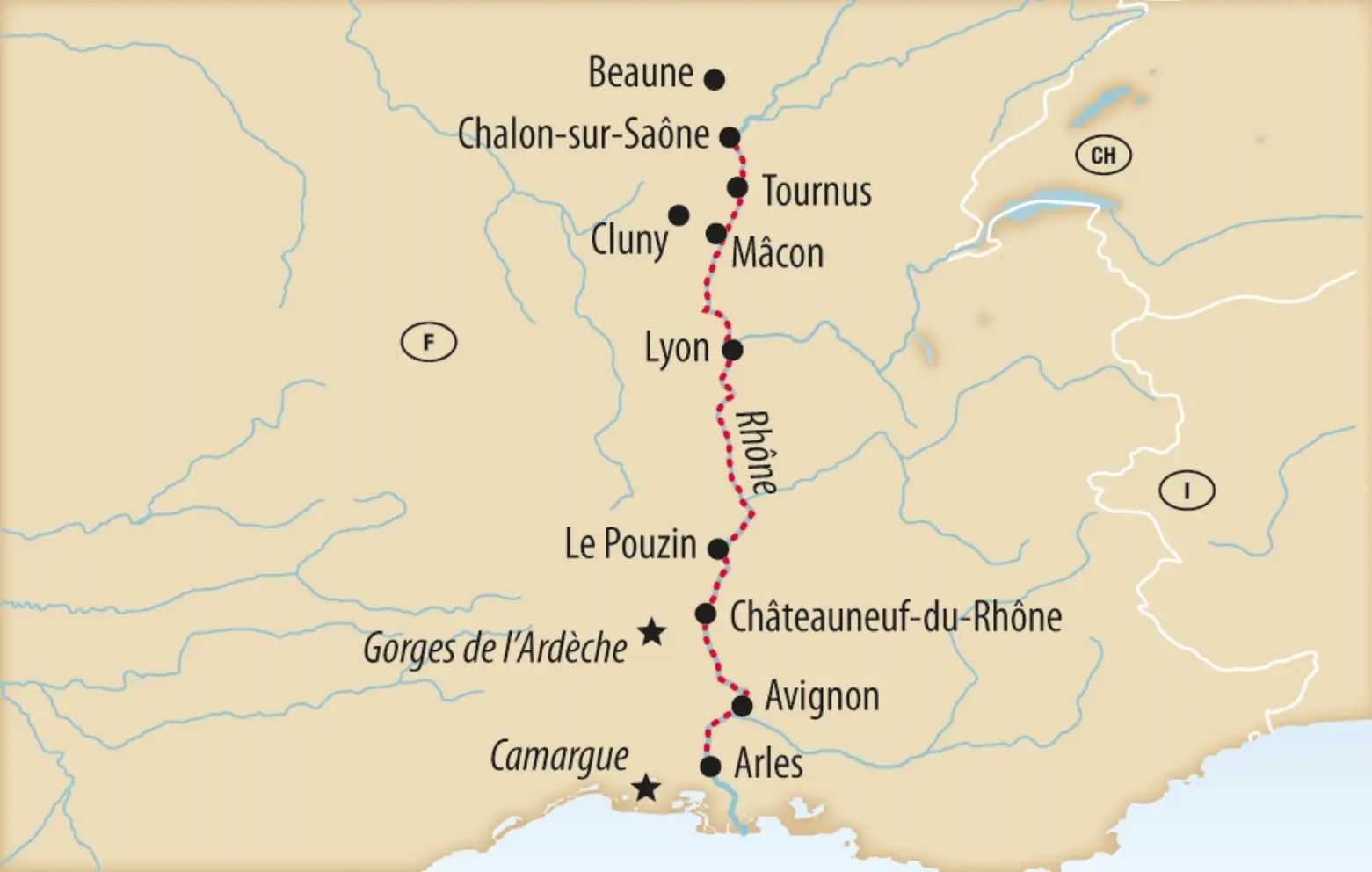Karte einer Reise entlang der Rhone mit Stationen von Beaune bis Arles und Camargue.