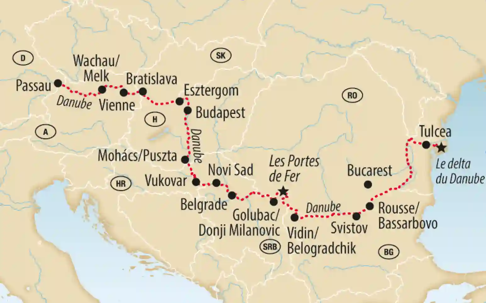 Carte avec itinéraire du Danube à travers Europe centrale et Europe orientale jusqu au delta