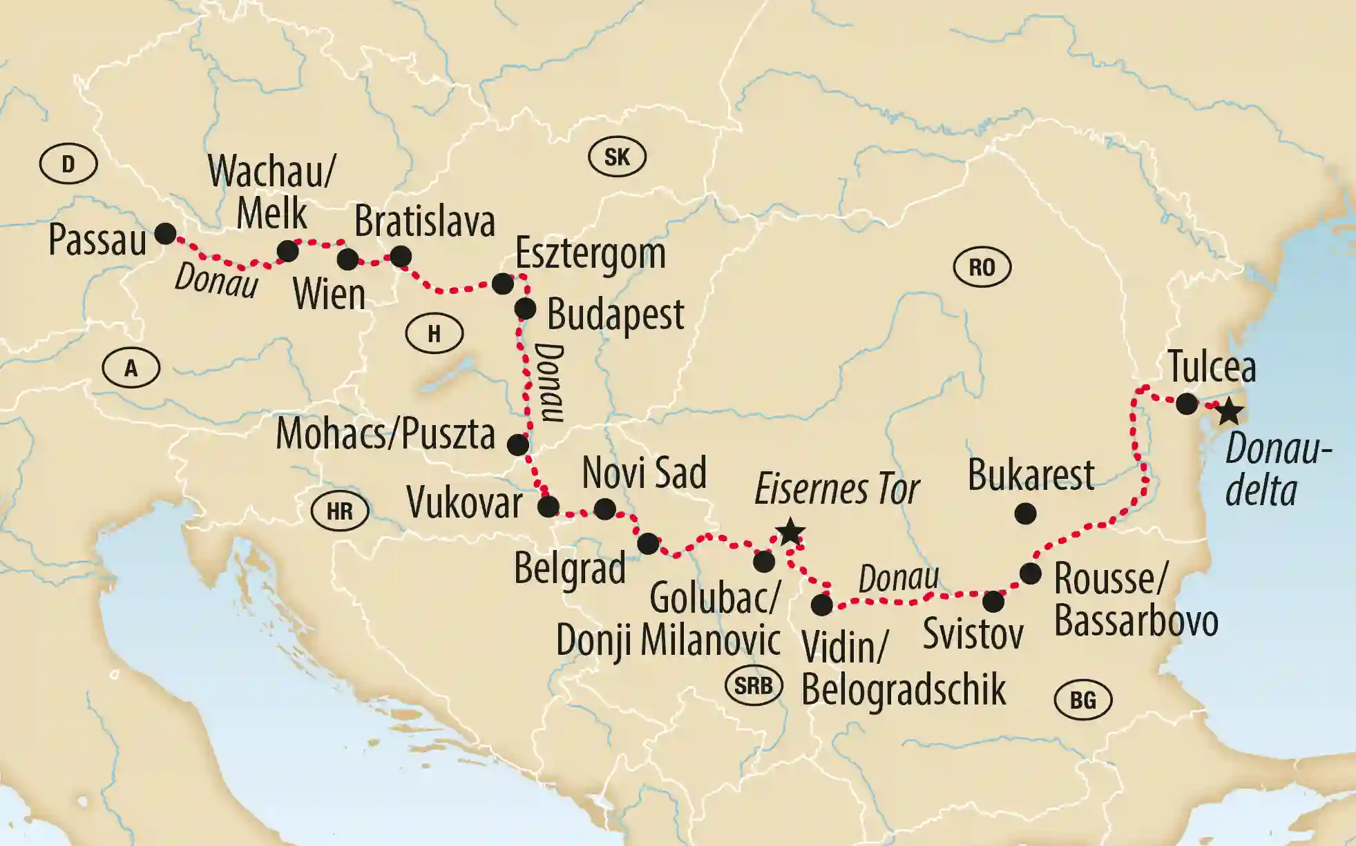 Übersichtskarte der Donau Route von Passau über Wien Budapest bis zum Donaudelta