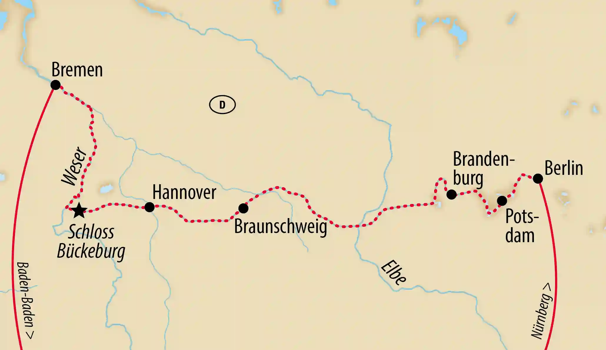 Routenkarte mit Stationen der Reise zwischen Berlin, Potsdam, Braunschweig, Hannover und Bremen