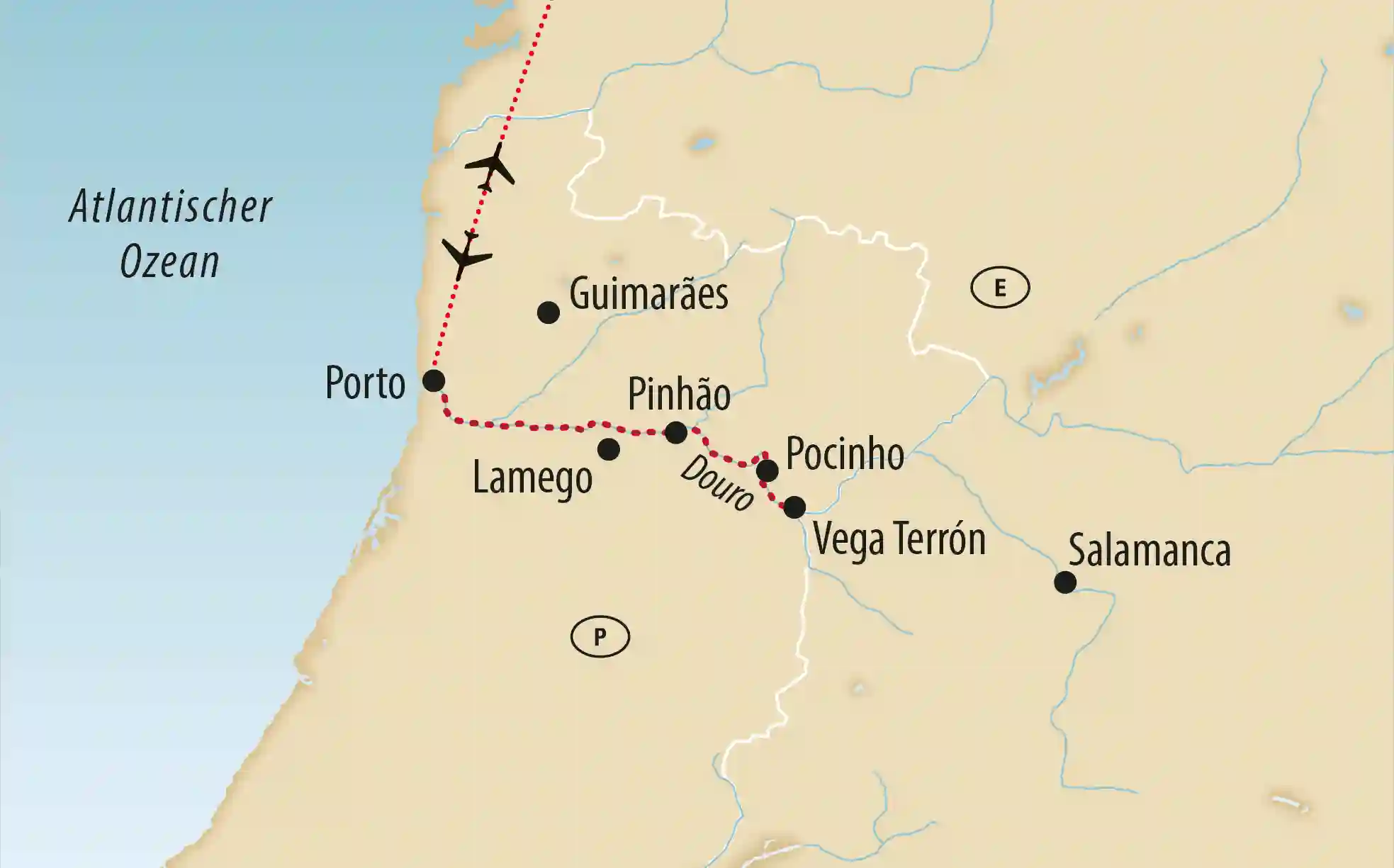 Übersichtskarte von Spanien und Portugal mit Reiseroute entlang des Douro von Porto bis Salamanca
