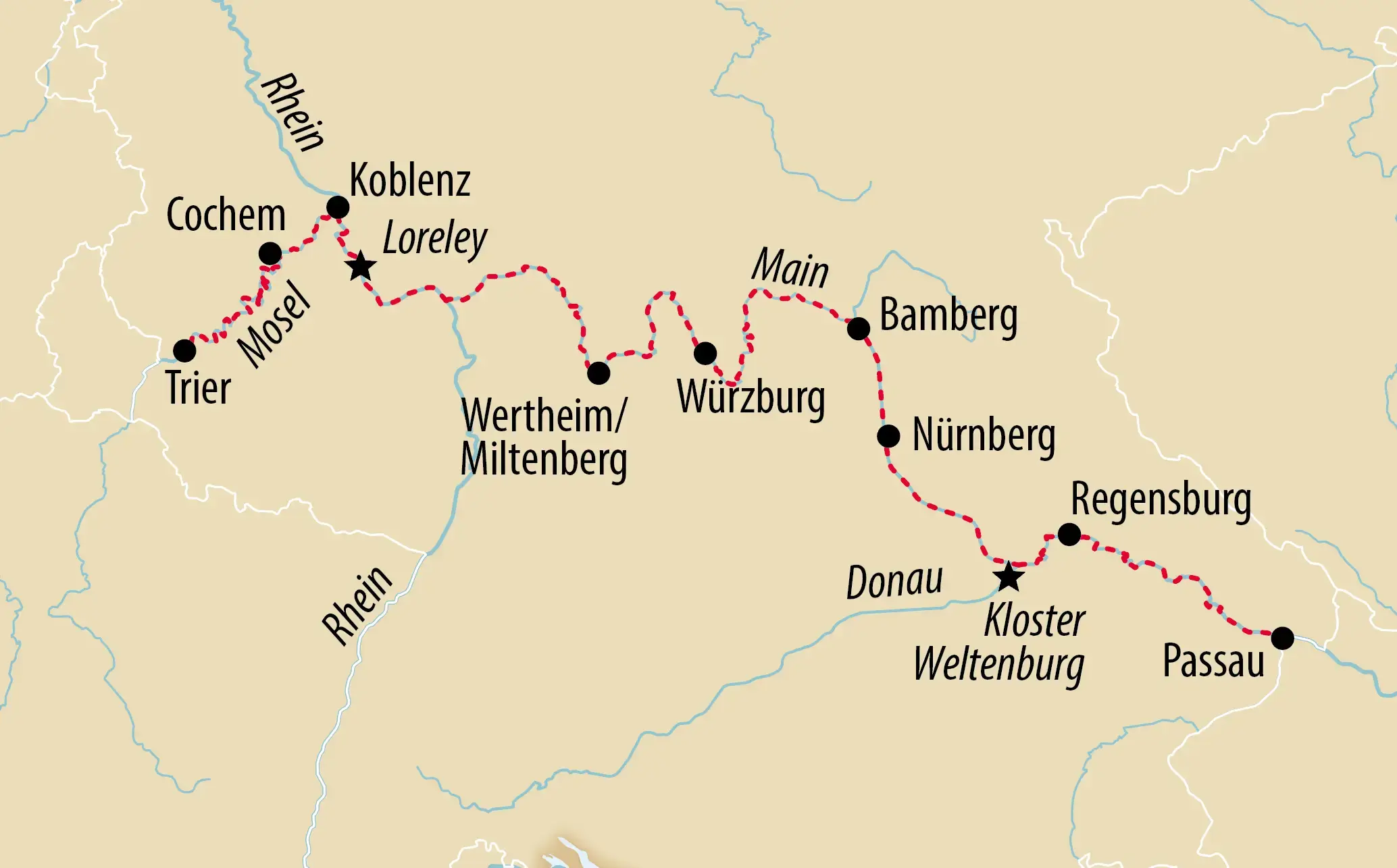 Die Reiseroute führt durch einige der schönsten Flusslandschaften Deutschlands und verbindet bekannte Städte an Rhein, Main, Mosel und Donau