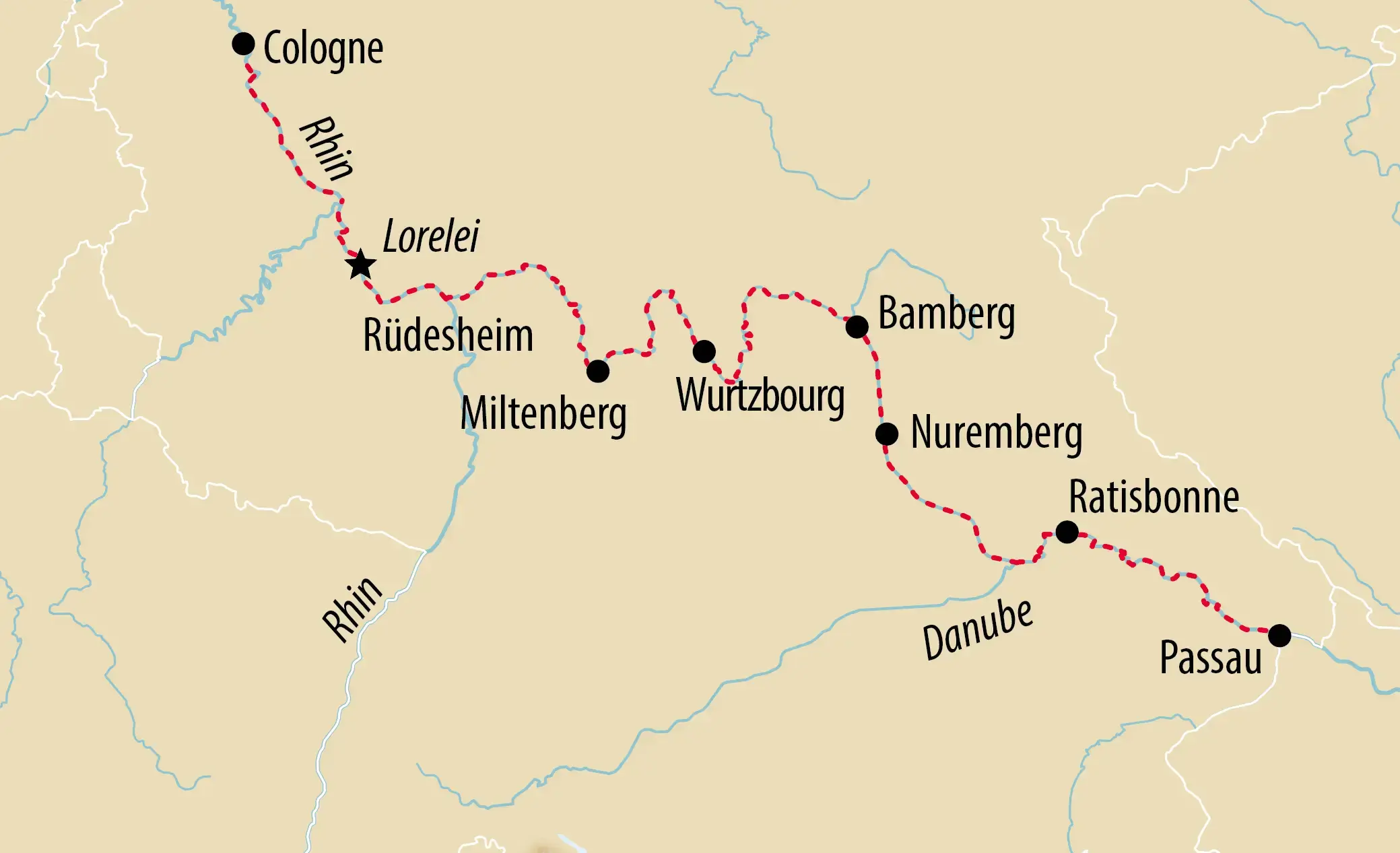 Carte d’une croisière fluviale reliant le Rhin et le Danube avec des escales à Cologne, Rüdesheim, Miltenberg, Wurtzbourg, Bamberg, Nuremberg, Ratisbonne et Passau