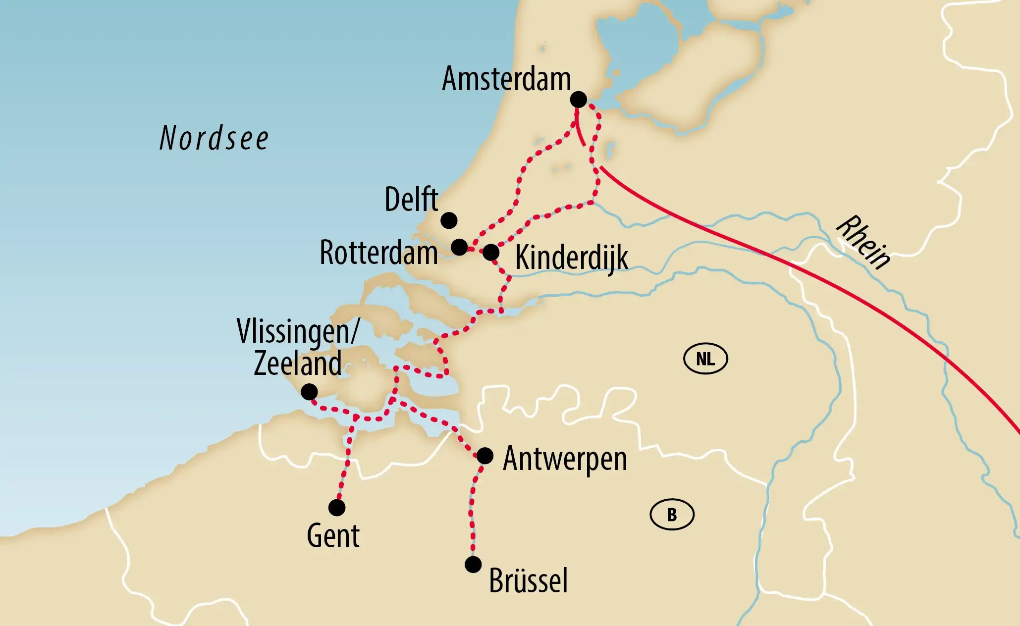 Karte der Flusskreuzfahrt durch die Niederlande und Belgien mit Amsterdam, Rotterdam, Antwerpen und Gent