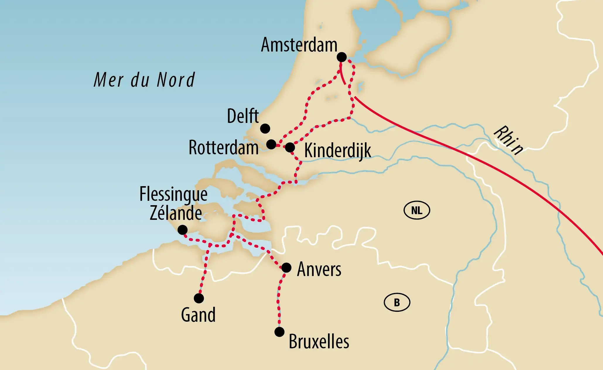 Carte de la croisière fluviale aux Pays-Bas et en Belgique avec Amsterdam, Rotterdam, Anvers et Gand