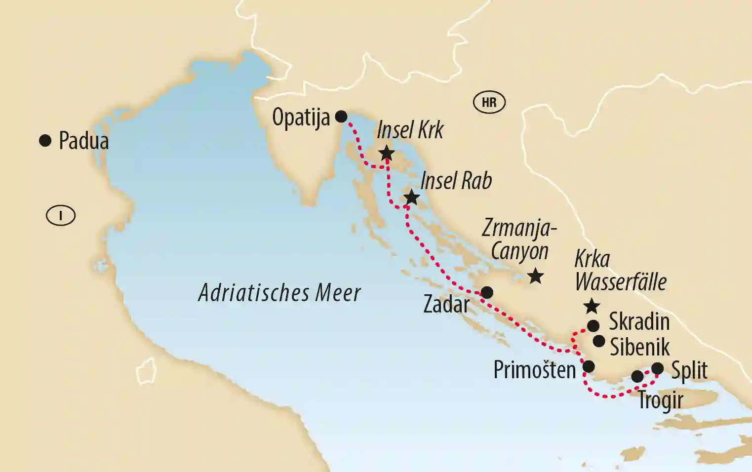 Karte einer Kreuzfahrt entlang der kroatischen Adriaküste von Opatija über die Inseln Krk und Rab, Zadar, Šibenik und Split bis Trogir.