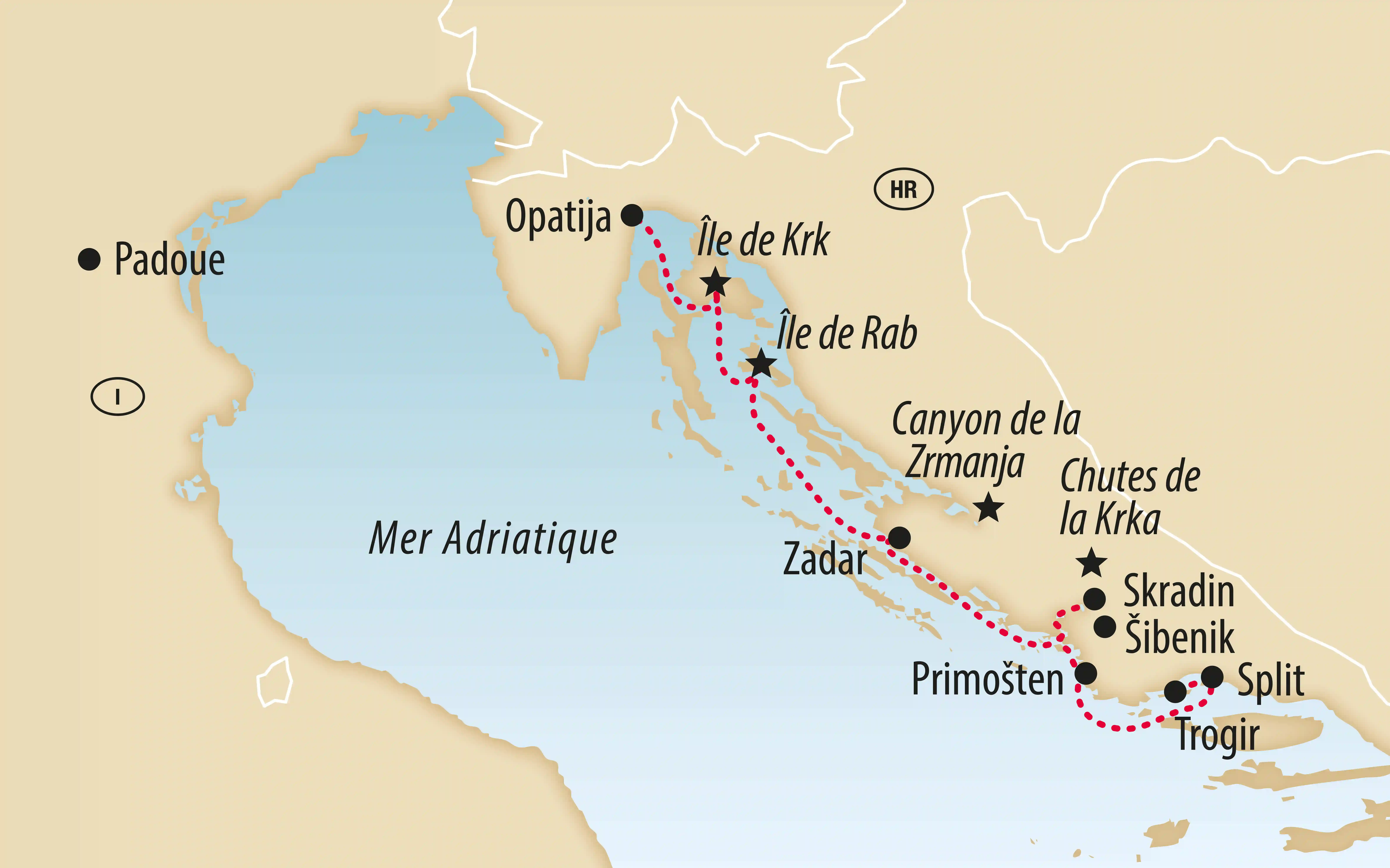 Carte d'une croisière le long de la côte adriatique croate de Opatija via les îles de Krk et Rab, Zadar, Šibenik et Split jusqu'à Trogir.