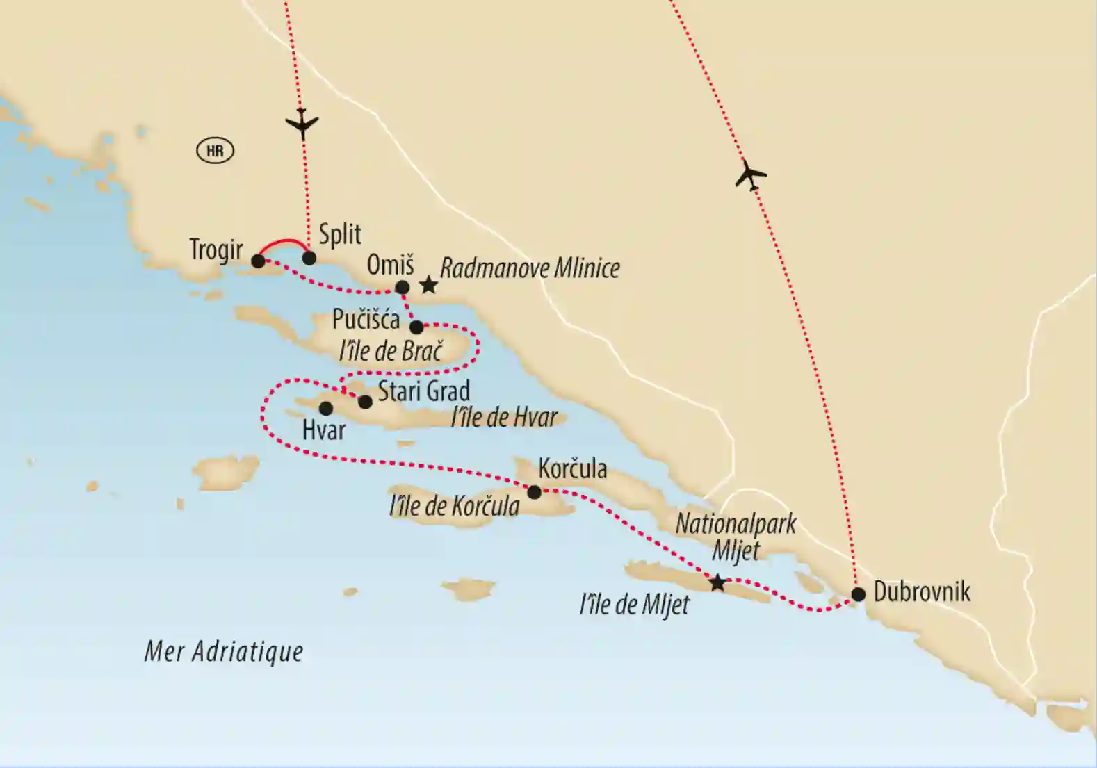 Carte de la côte dalmate avec itinéraire de voyage indiqué entre Split, les îles et Dubrovnik