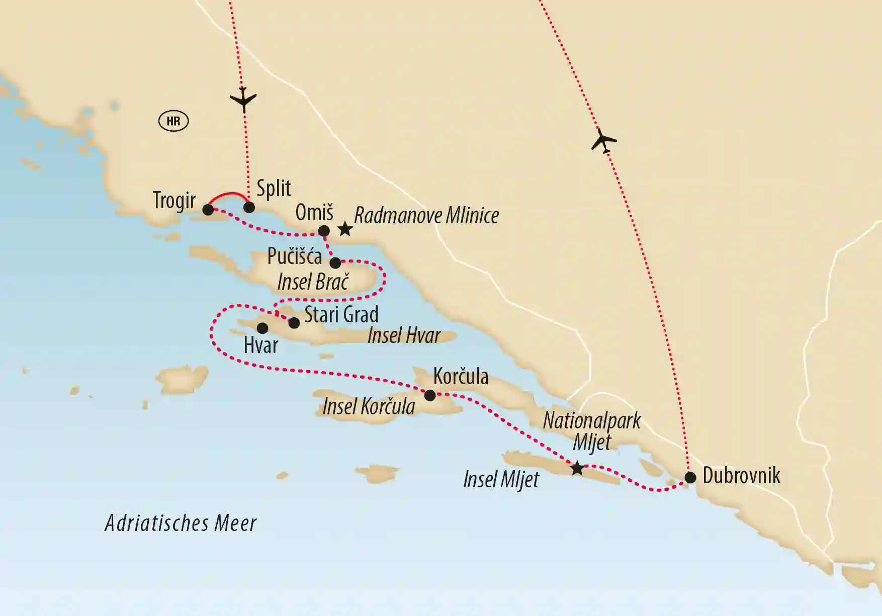 Übersichtskarte der dalmatinischen Küste mit markierter Reiseroute zwischen Split, Inseln und Dubrovnik
