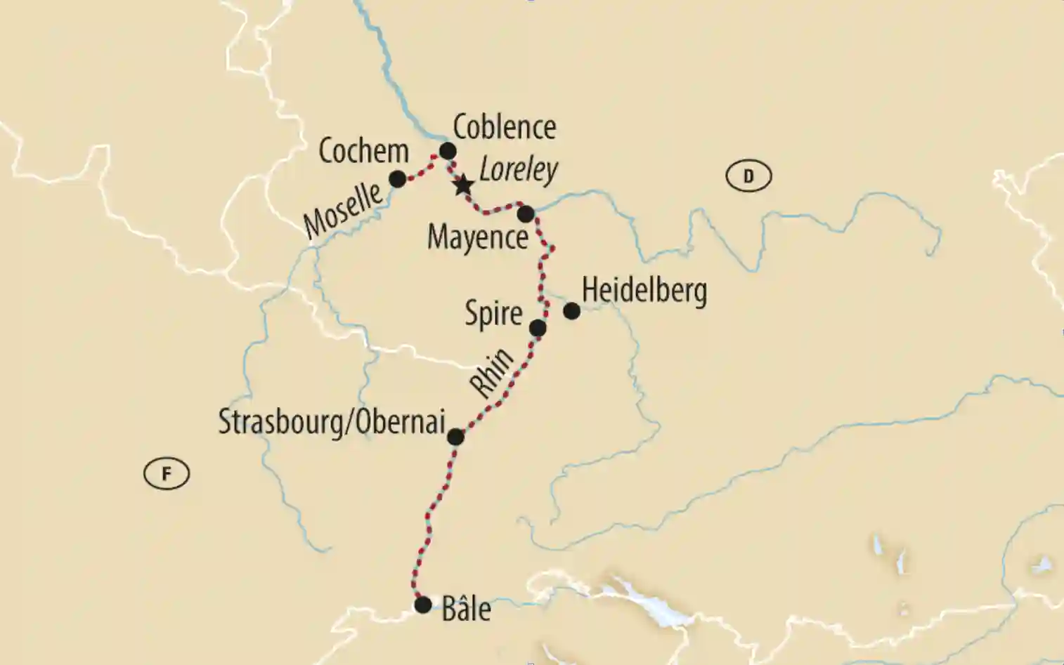Carte d’ensemble d’un voyage sur le Rhin et la Moselle avec les étapes marquées Bâle, Strasbourg, Spire, Mayence, Coblence, Loreley et Cochem