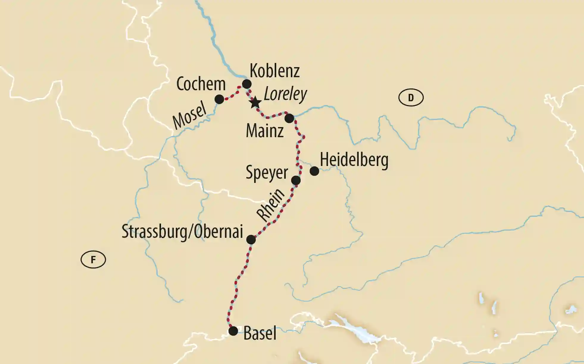Übersichtskarte einer Rhein und Mosel Reise mit markierten Stationen Basel, Strassburg, Speyer, Mainz, Koblenz, Loreley und Cochem