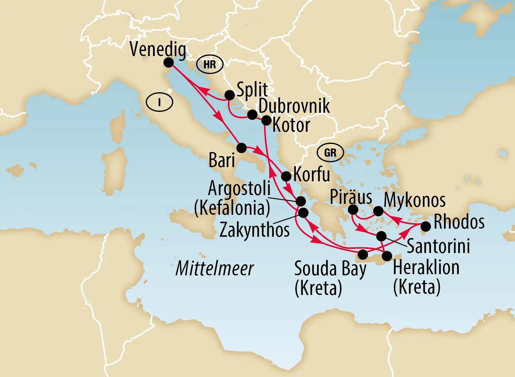 Routenkarte der Kreuzfahrt im Mittelmeer auf Deutsch. Die Route führt von Venedig über Split, Dubrovnik, Kotor, Korfu, Argostoli, Zakynthos, Souda Bay und Heraklion auf Kreta, Rhodos, Santorini, Mykonos und Piräus nach Bari und zurück nach Venedig.