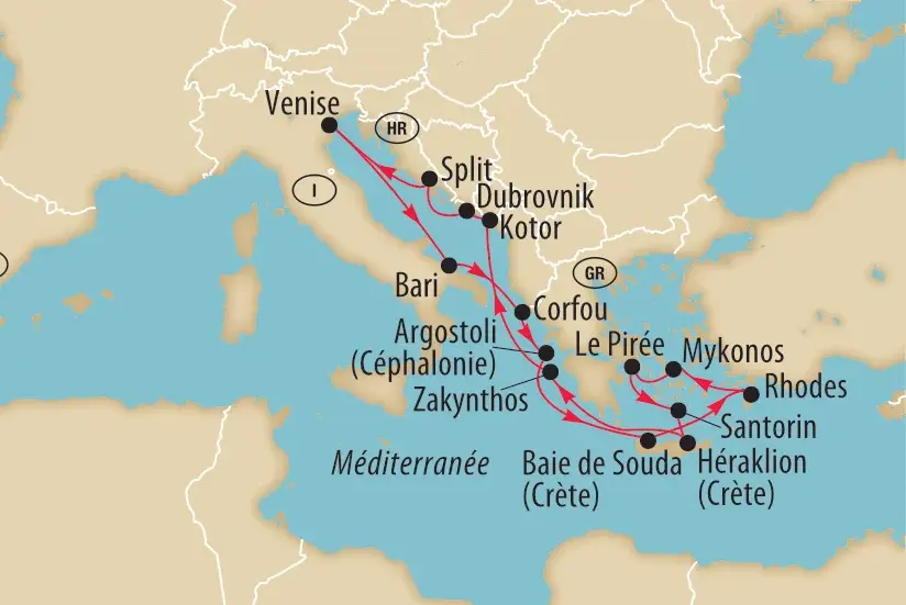 Carte de l'itinéraire de la croisière en Méditerranée en français. L'itinéraire mène de Venise à Split, Dubrovnik, Kotor, Corfou, Argostoli, Zakynthos, Baie de Souda et Héraklion en Crète, Rhodes, Santorin, Mykonos, Le Pirée, Bari et retour à Venise.