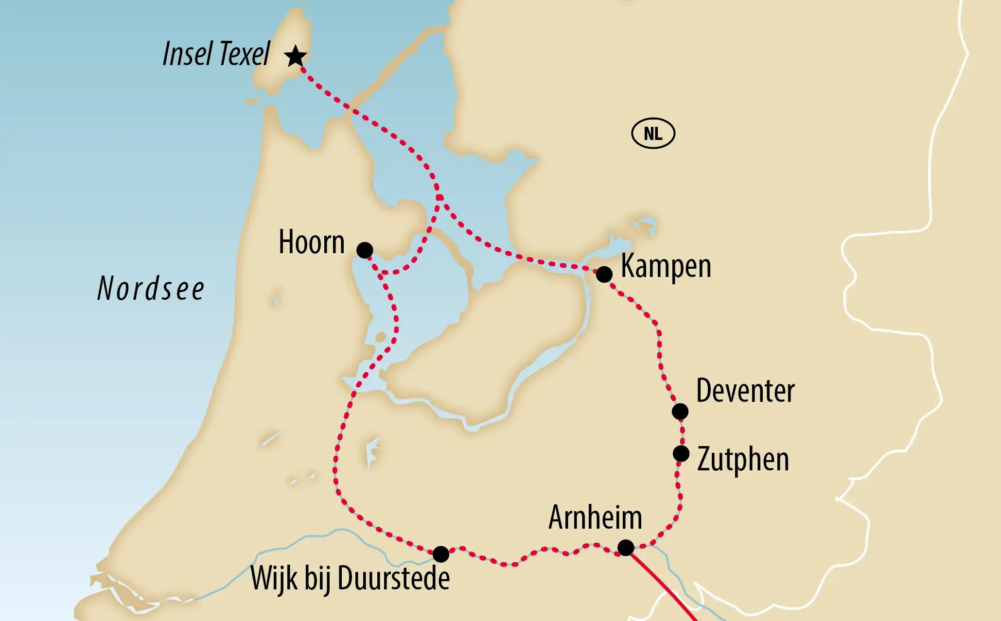 Übersichtskarte einer Flusskreuzfahrt durch die Niederlande mit den Stationen Texel, Hoorn, Kampen, Deventer, Zutphen, Arnheim und Wijk bij Duurstede. Die Route verbindet das IJsselmeer, historische Hansestädte und die abwechslungsreichen Wasserlandschaften des Landes