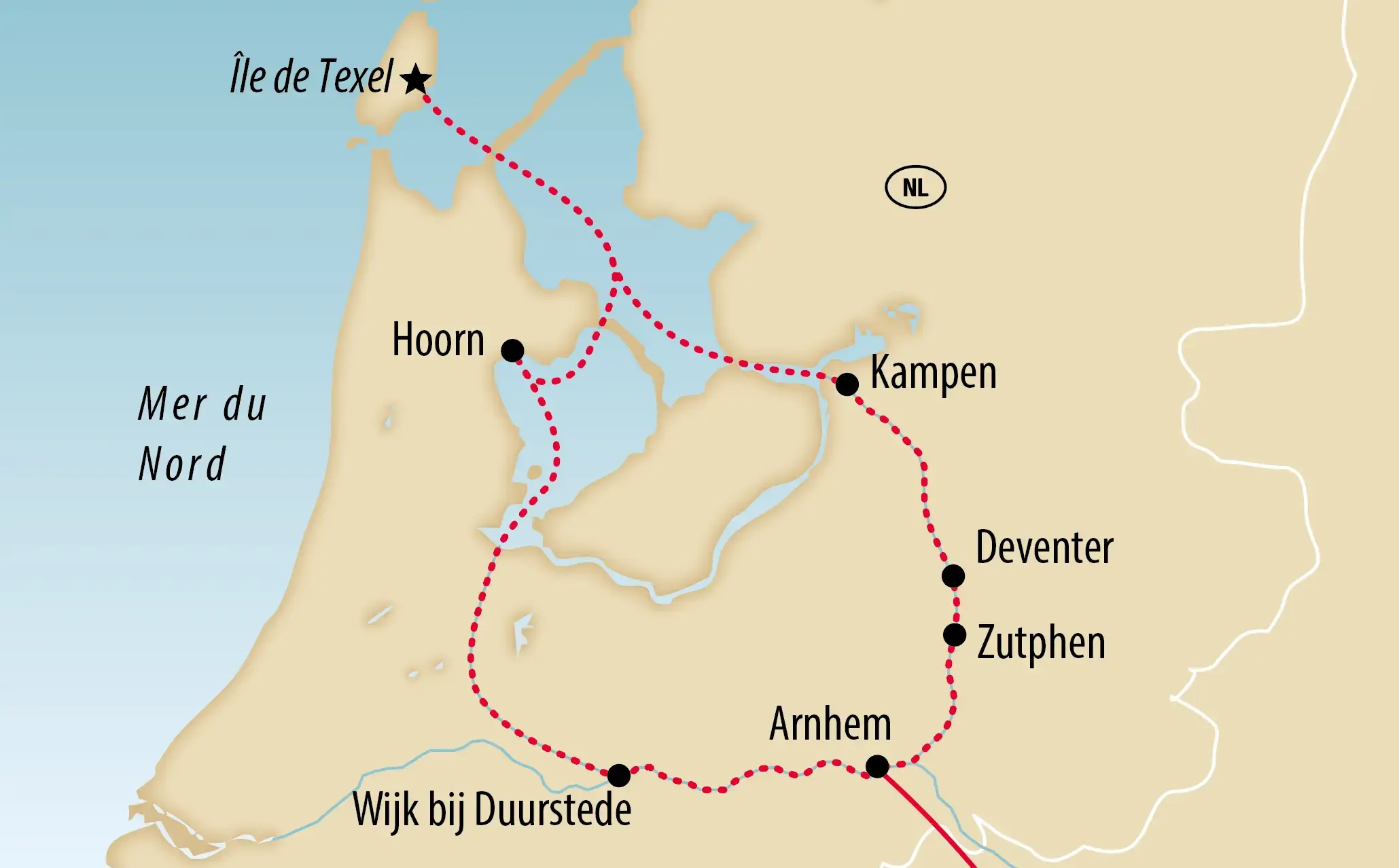 Carte d’une croisière fluviale aux Pays-Bas reliant l’île de Texel, Hoorn, Kampen, Deventer, Zutphen, Arnhem et Wijk bij Duurstede. L’itinéraire traverse l’IJsselmeer, les villes hanséatiques historiques et les paysages aquatiques emblématiques du pays
