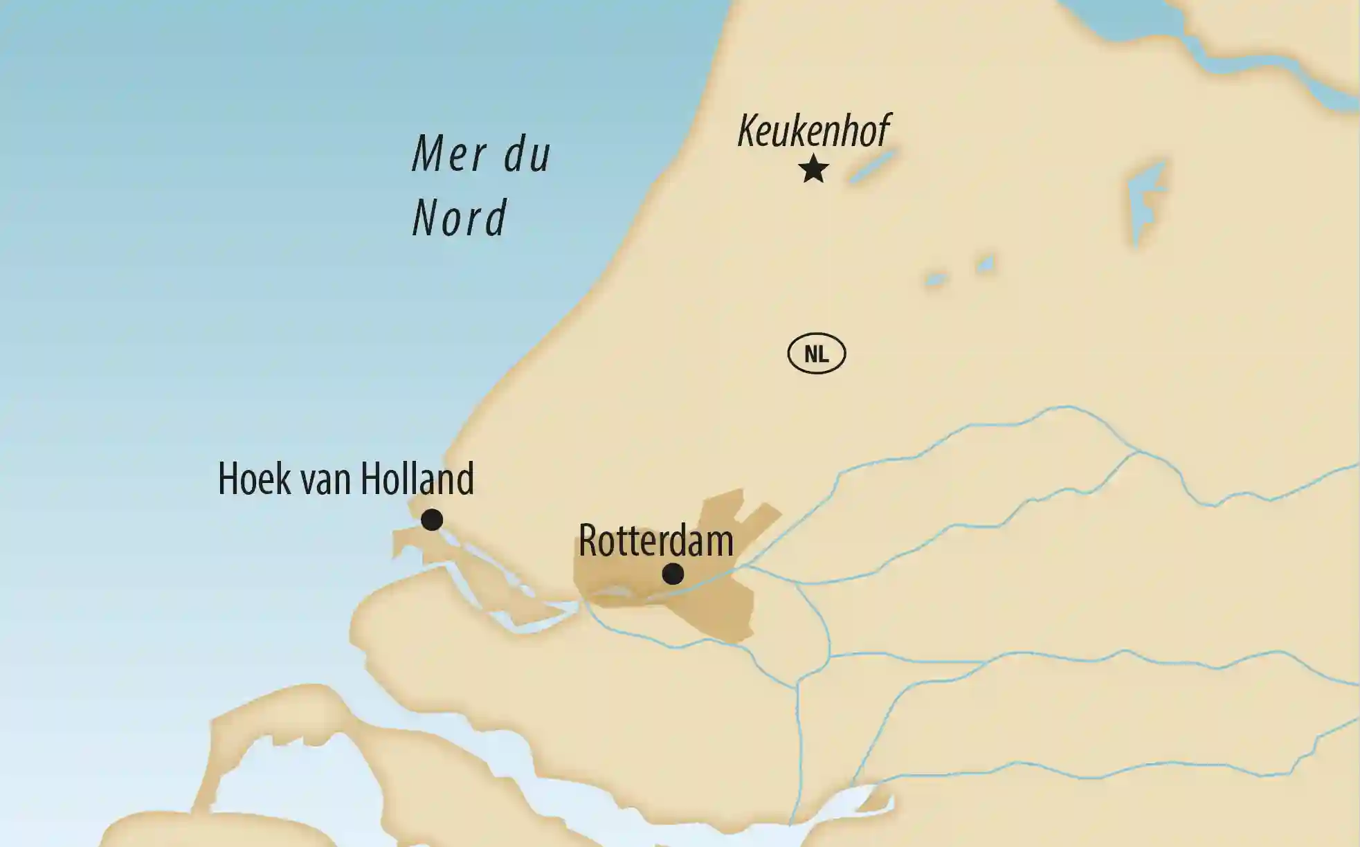 Carte des Pays-Bas avec des repères pour Rotterdam, Hoek van Holland et Keukenhof
