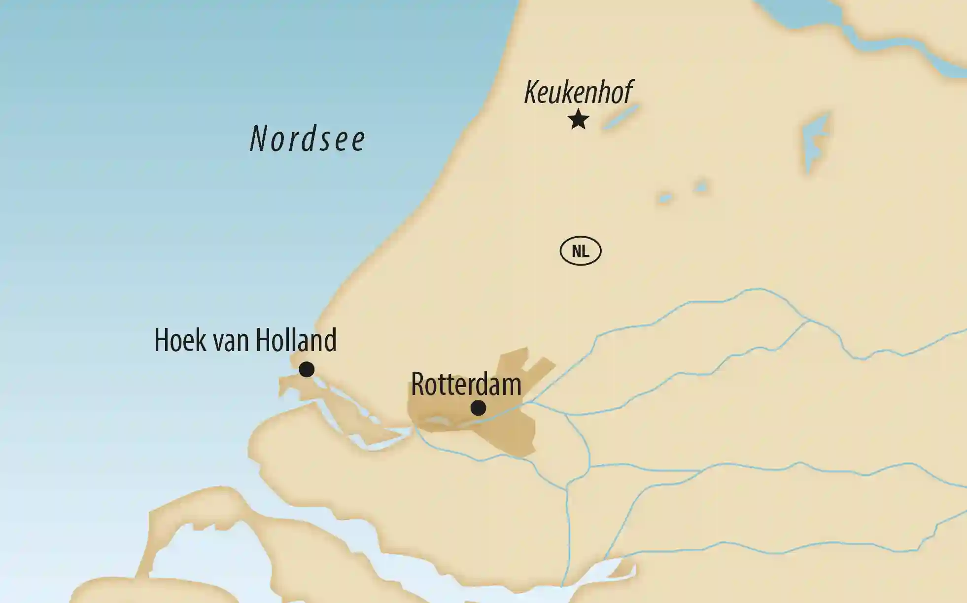 Karte der Niederlande mit Markierungen für Rotterdam, Hoek van Holland und Keukenhof
