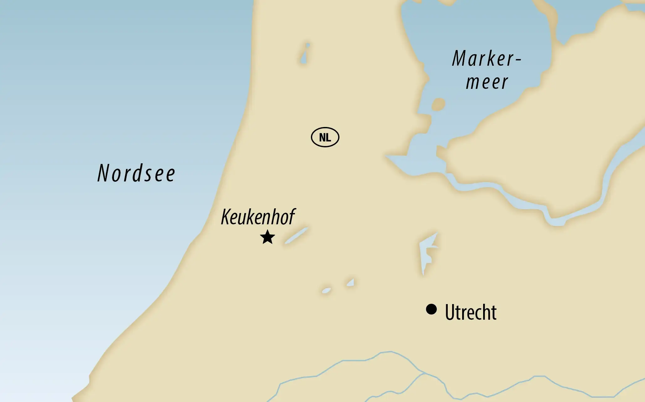 Landkarte eines Teils der Niederlande mit deutscher Beschriftung. Sie zeigt die „Nordsee“ links, das „Markermeer“ oben rechts sowie die markierten Orte „Keukenhof“ (mit einem Stern) und „Utrecht“ (mit einem Punkt)