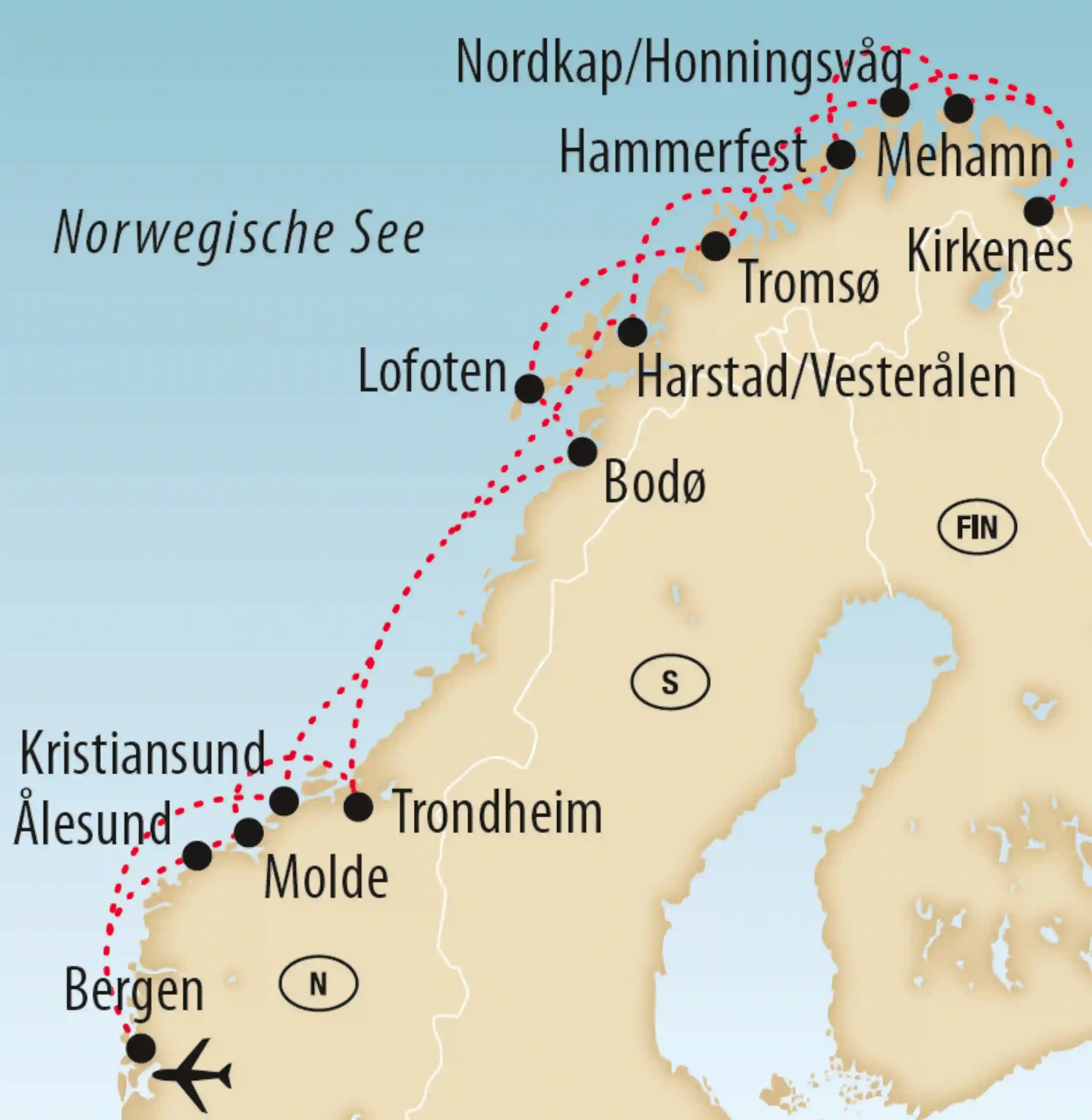 Karte der norwegischen Küste mit Reiseroute und Etappen
