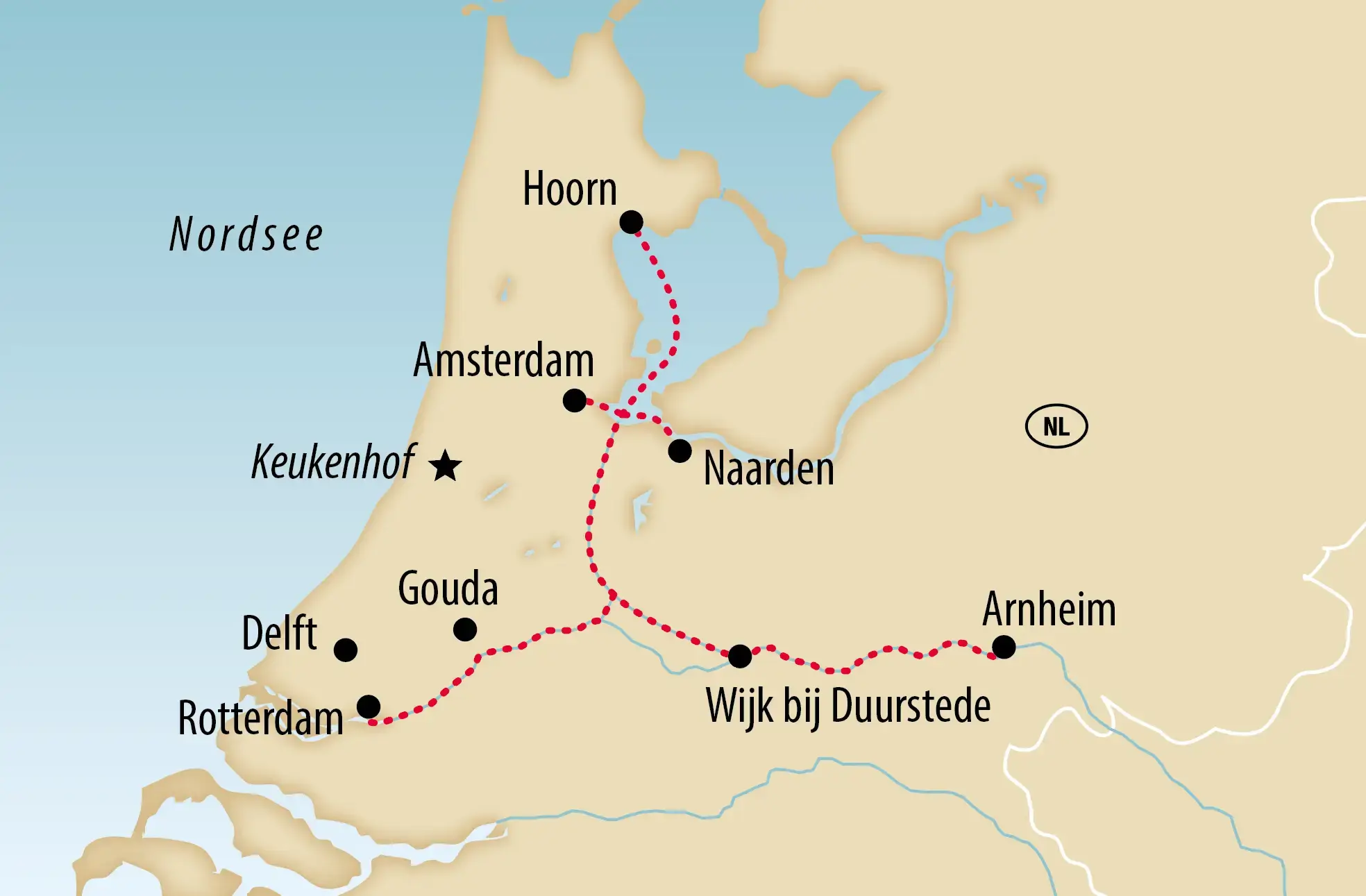 Karte der Reiseroute mit Stationen in Amsterdam, Hoorn, Gouda, Delft und Arnhem