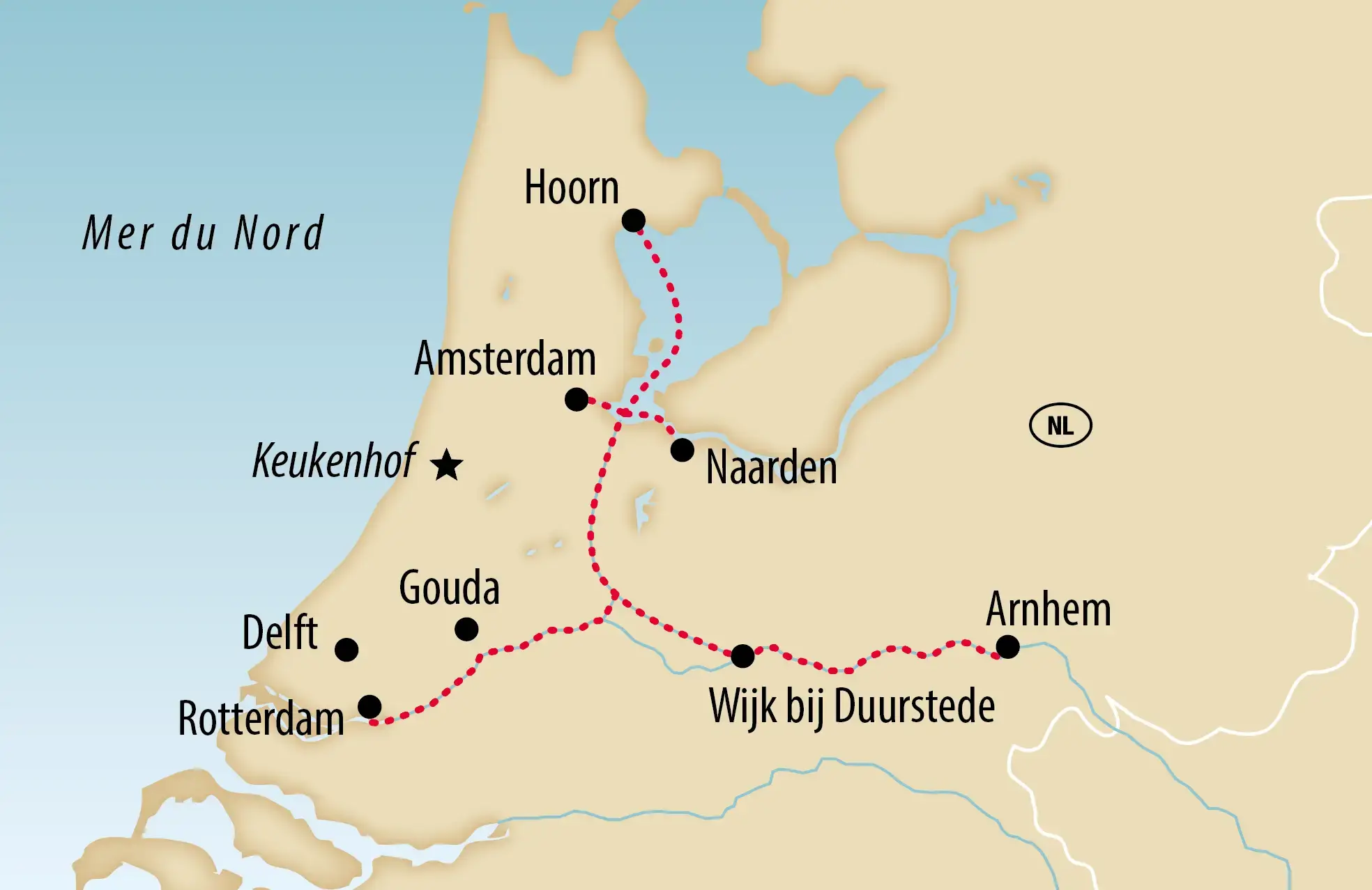 Carte de l’itinéraire avec étapes à Amsterdam, Hoorn, Gouda, Delft et Arnhem