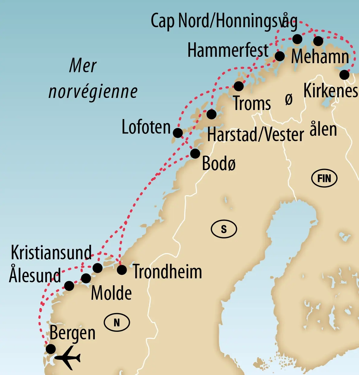 Carte de la Norvège montrant un itinéraire le long de la côte depuis Bergen via Alesund, Trondheim, les Lofoten et Troms jusqu’au Cap Nord avec plusieurs escales portuaires