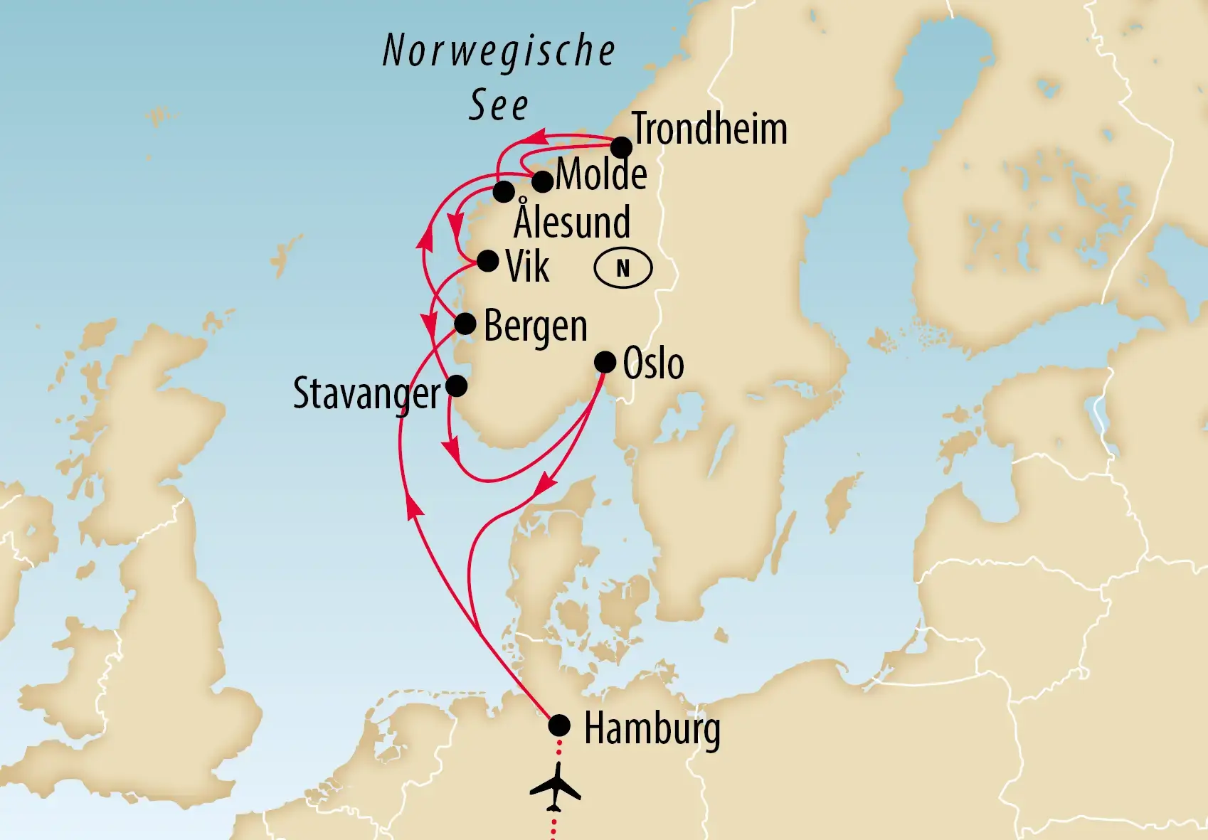 Eine Landkarte von Nordeuropa mit einer eingezeichneten Kreuzfahrt-Route von Hamburg über Oslo bis nach Trondheim.