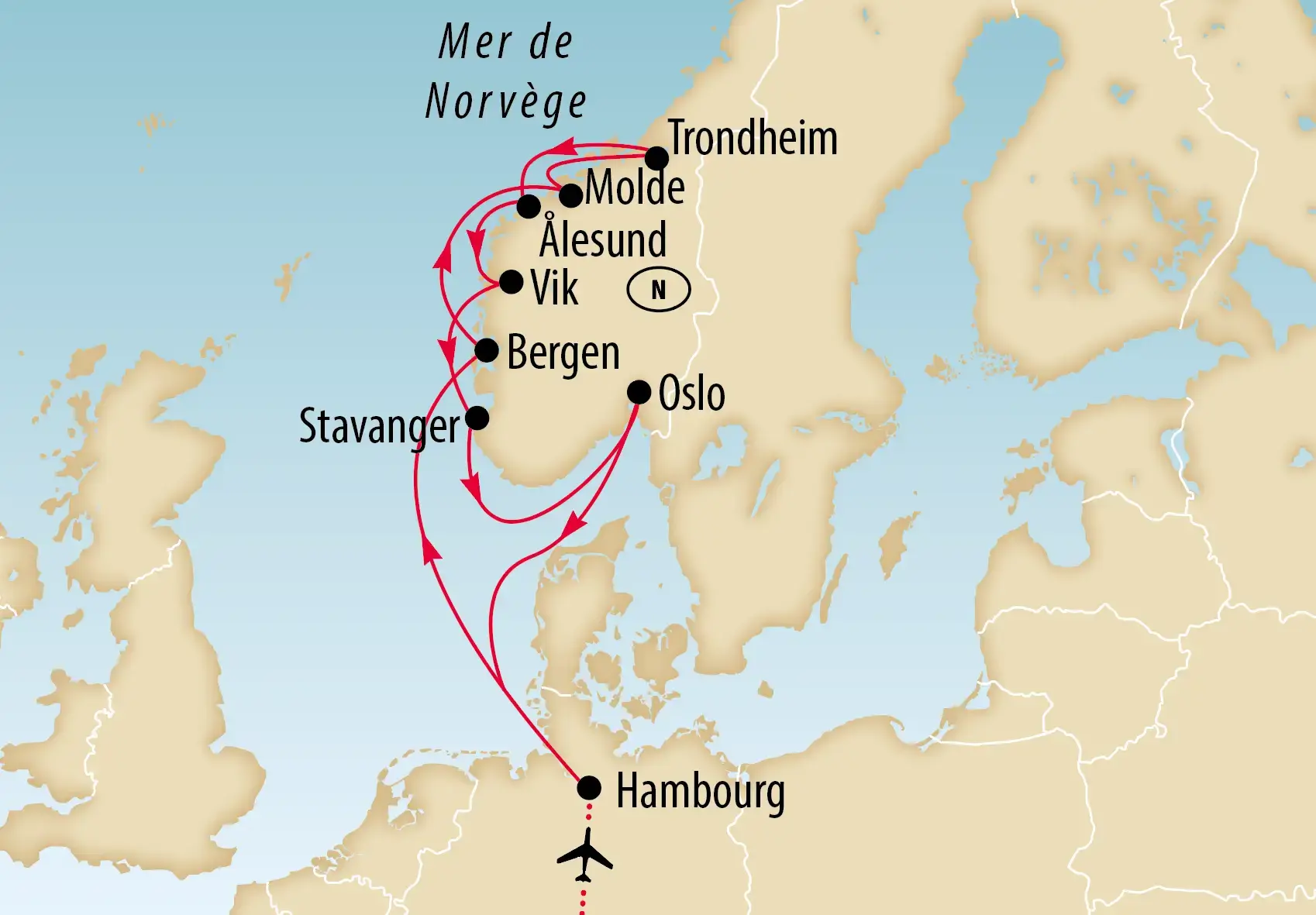 Une carte d'Europe du Nord montrant l'itinéraire d'une croisière de Hambourg à Trondheim via Oslo.