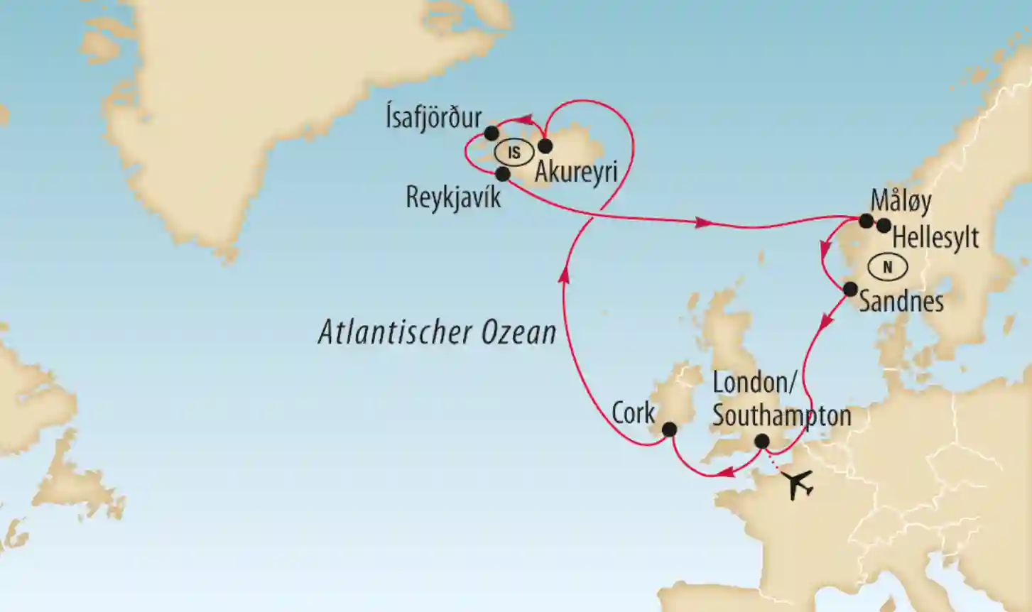 Karte mit Kreuzfahrtroute von Grossbritannien über Island nach Norwegen