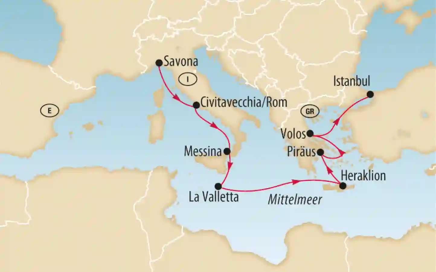 Karte einer Mittelmeer Kreuzfahrt mit Stationen wie Savona, Rom, Malta und Istanbul