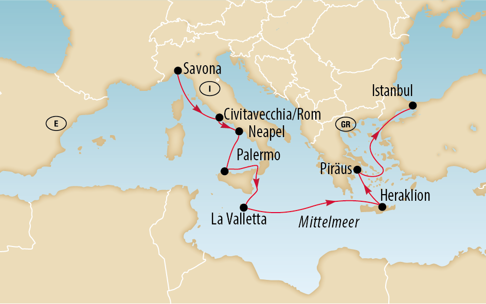Karte einer Mittelmeer Kreuzfahrt mit Stationen wie Savona, Rom, Malta und Istanbul