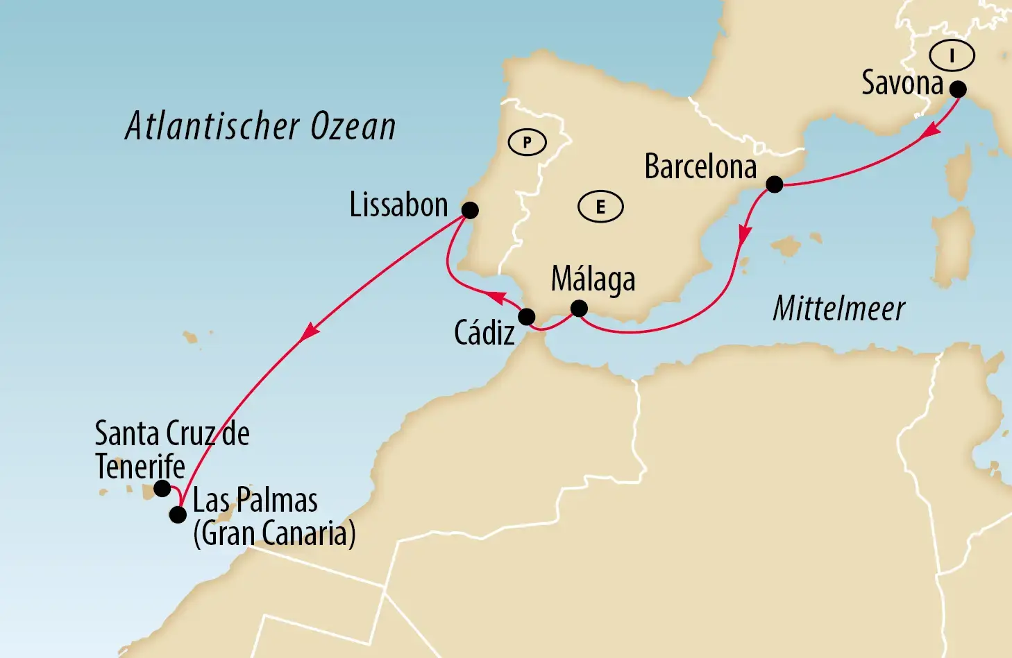 Karte mit Reiseroute von Savona über Barcelona, Malaga und Lissabon bis Kanarische Inseln