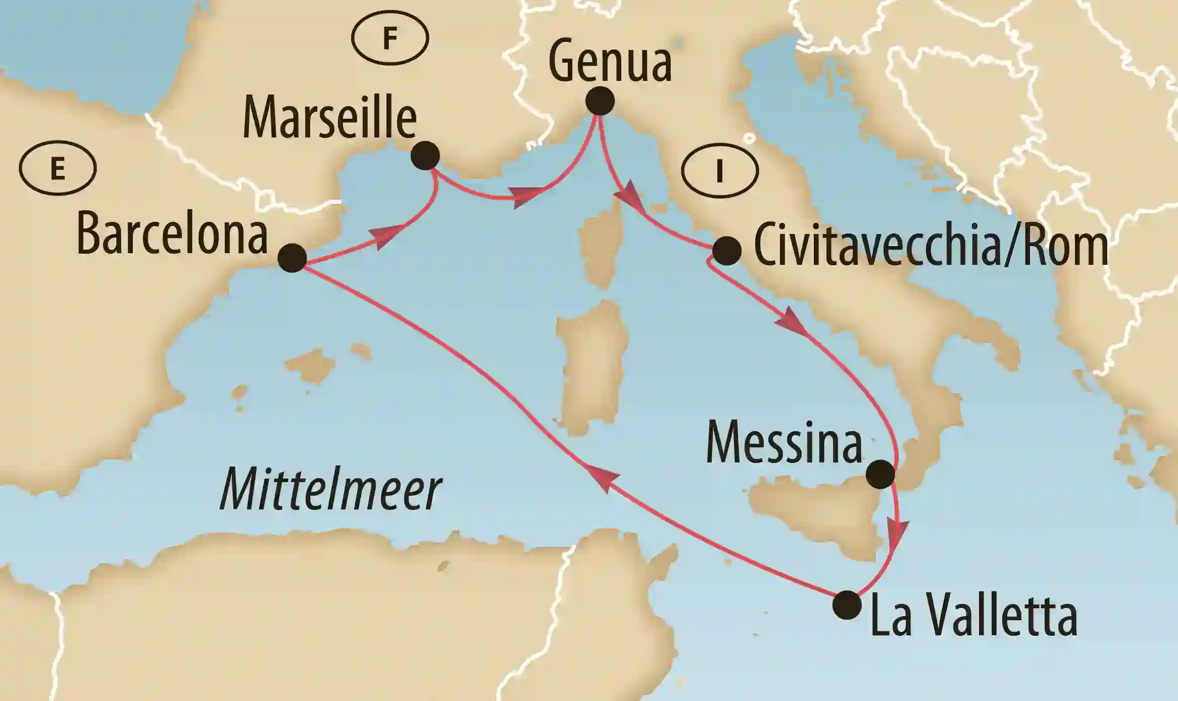 Karte der Mittelmeer-Kreuzfahrt mit Route über Genua, Civitavecchia (Rom), Messina, La Valletta, Barcelona und Marseille.