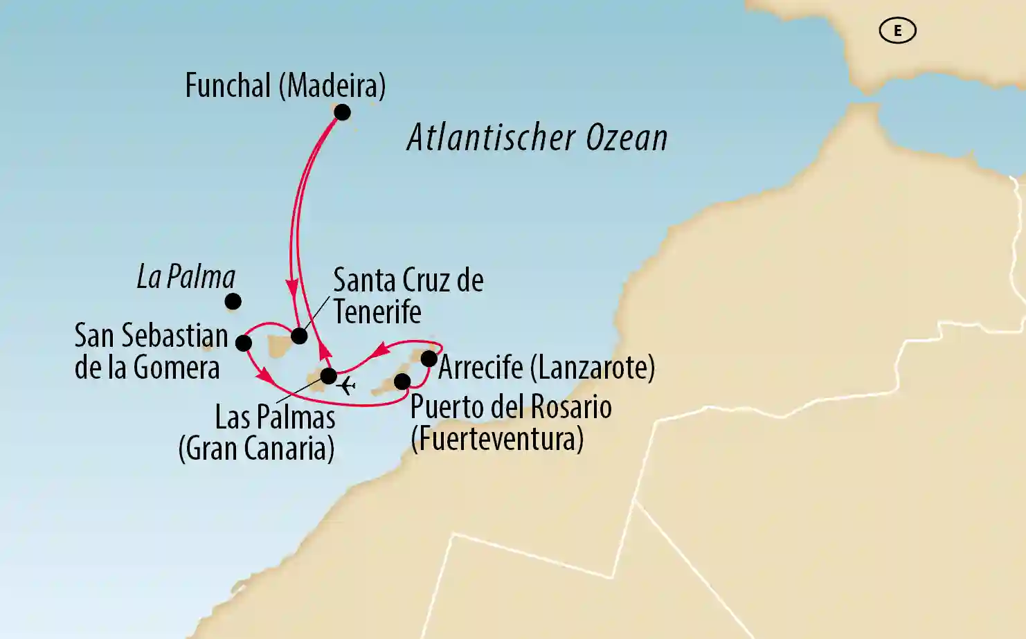 Karte des Atlantiks mit eingezeichneter Kreuzfahrtroute zu den Kanarischen Inseln und nach Madeira