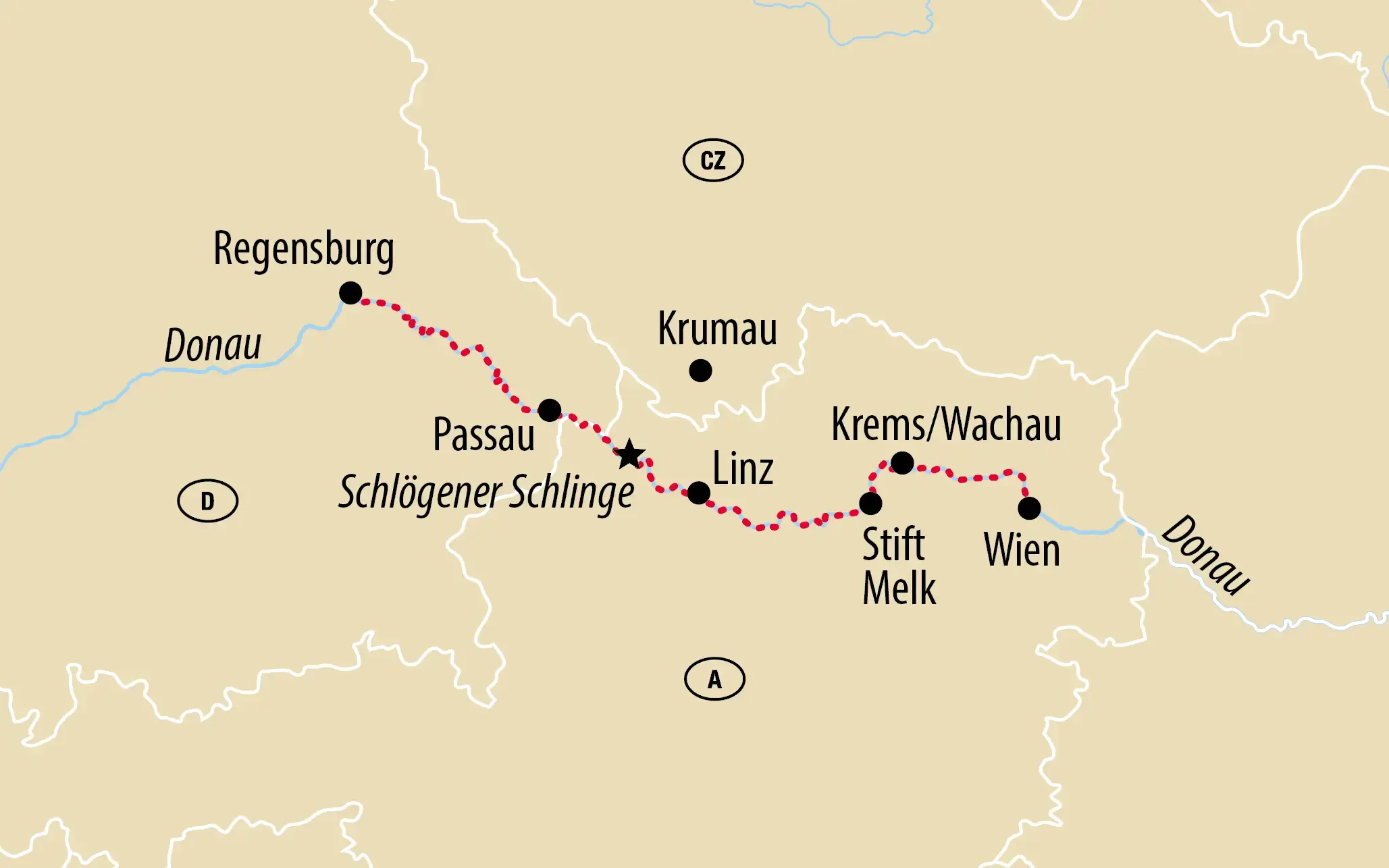 Routenkarte der Flusskreuzfahrt auf der Donau von Regensburg über Passau, Linz und die Wachau bis nach Wien