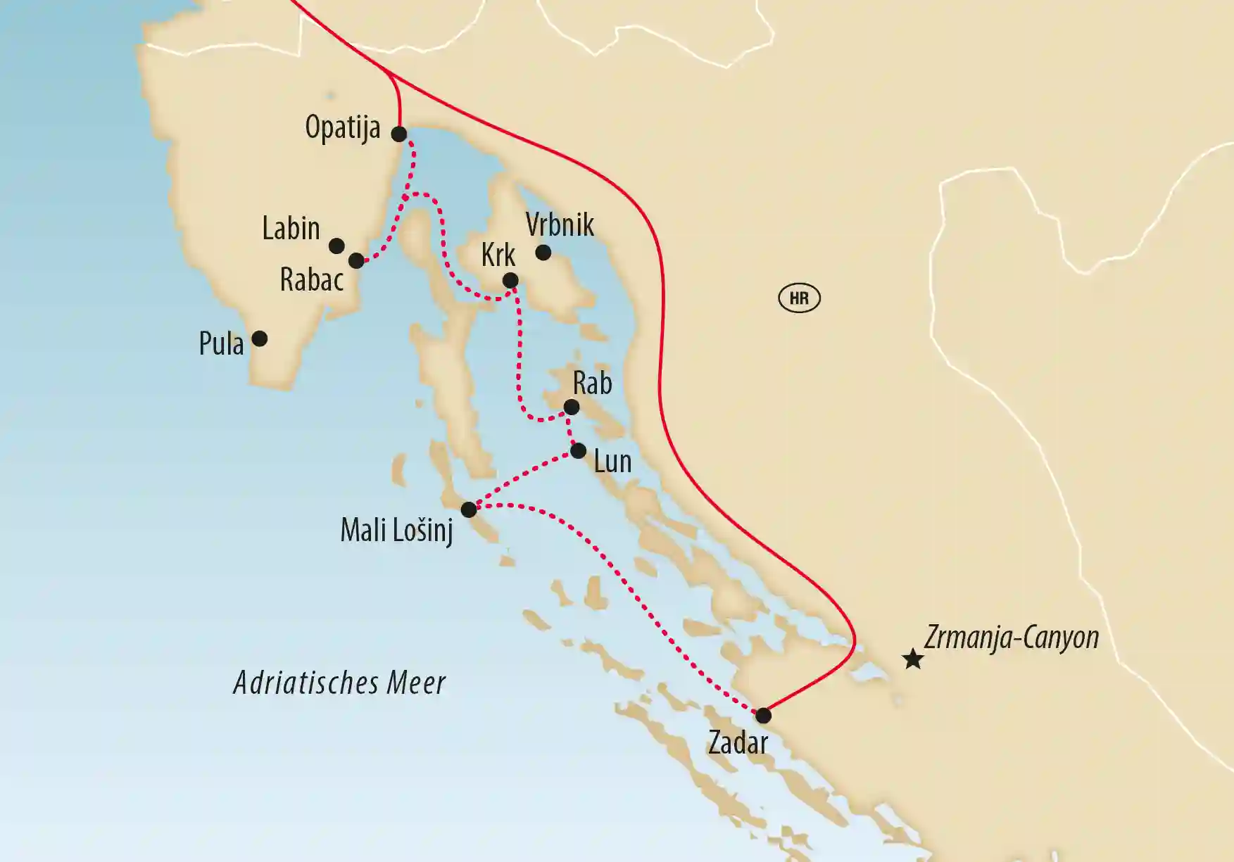 Übersichtskarte von Kroatien mit markierter Reiseroute entlang der Adriakueste und Inseln