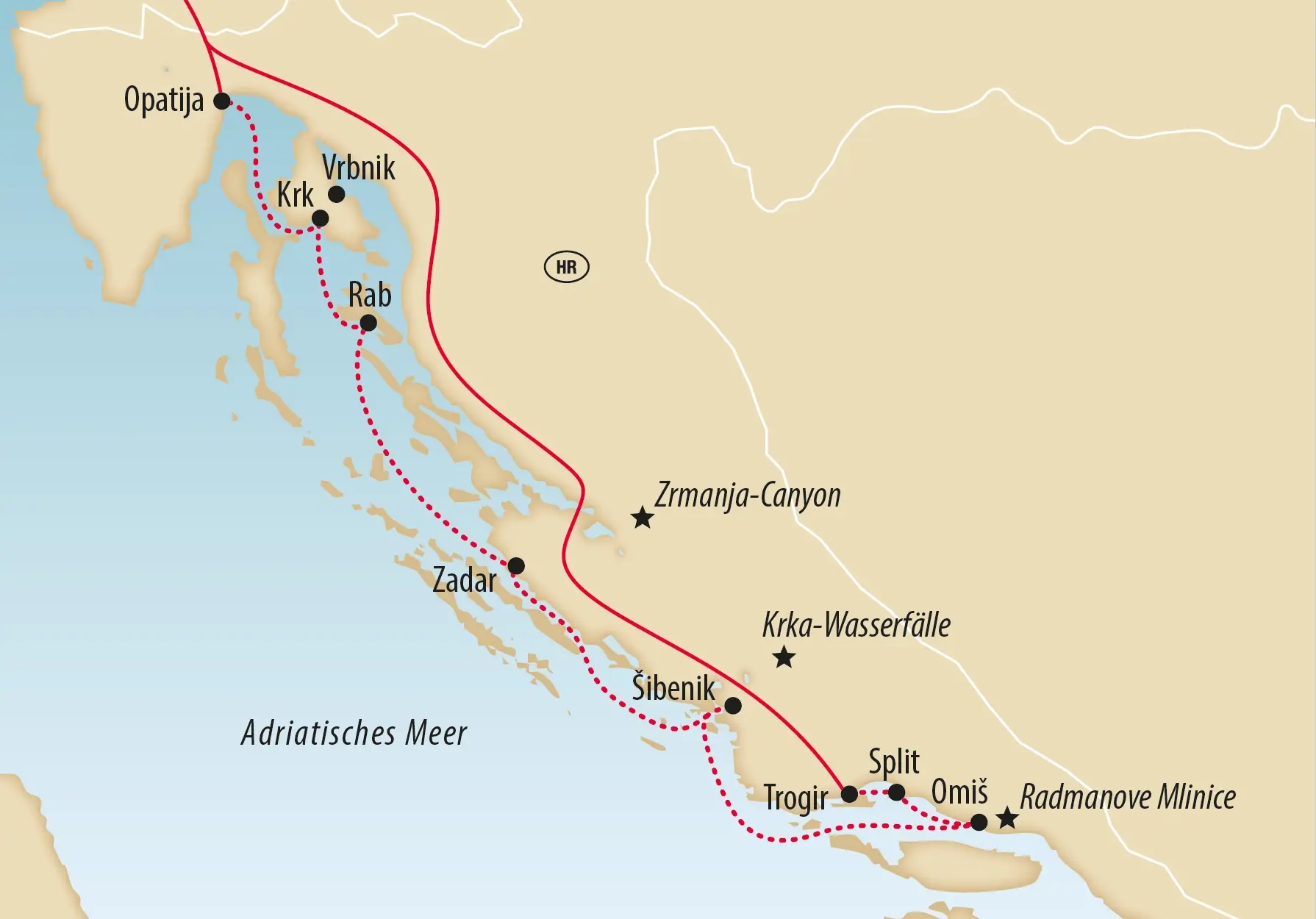 Karte mit Reiseroute entlang der kroatischen Adriakueste von Krk bis Split
