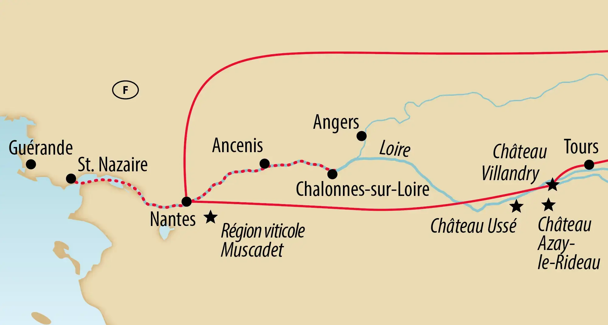 Carte de l’itinéraire le long de la Loire, de Nantes à Angers jusqu’aux célèbres châteaux près de Tours et d’Azay-le-Rideau
