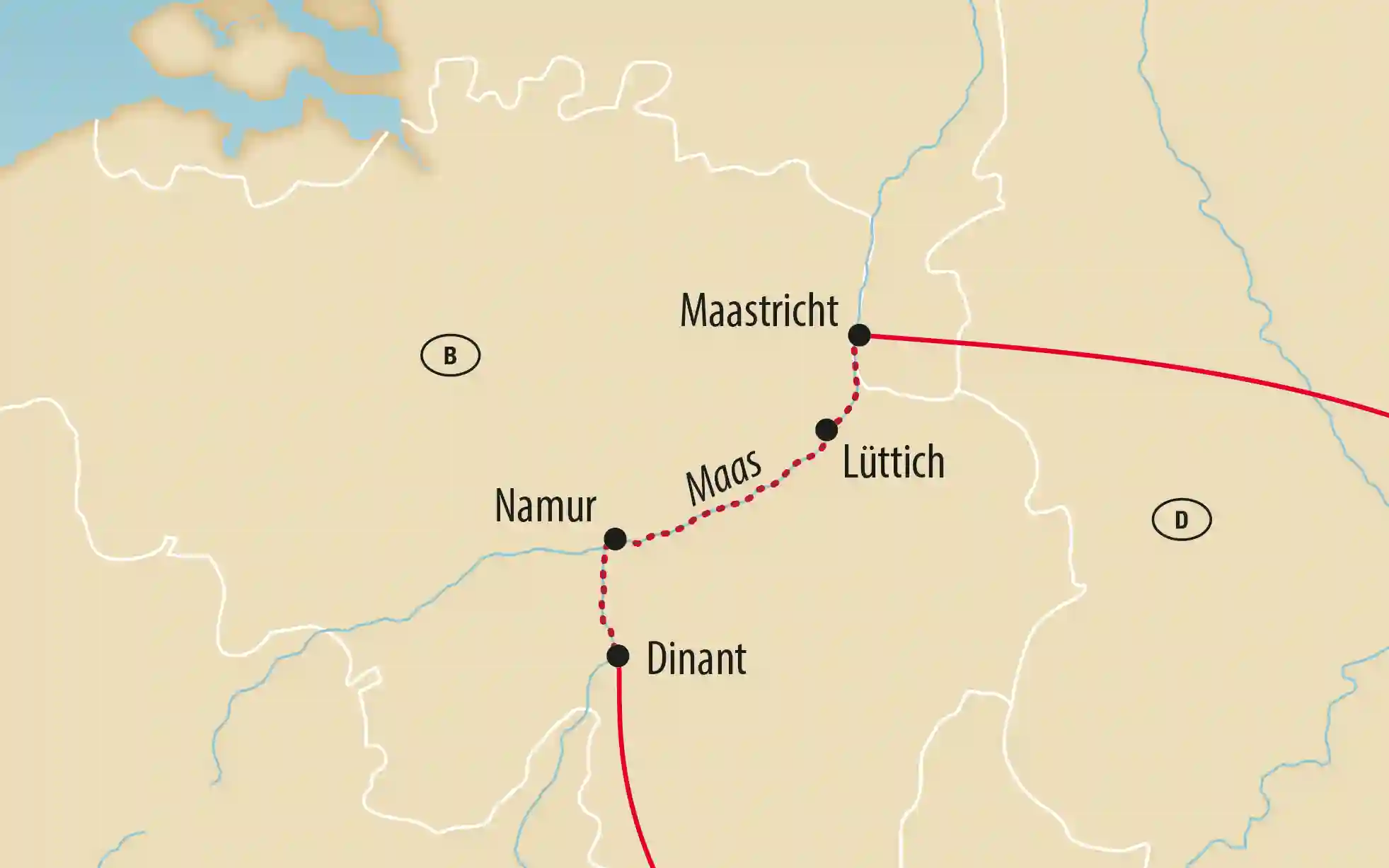Kartenansicht der Maas mit markierter Reiseroute durch Maastricht, Lüttich, Namur und Dinant