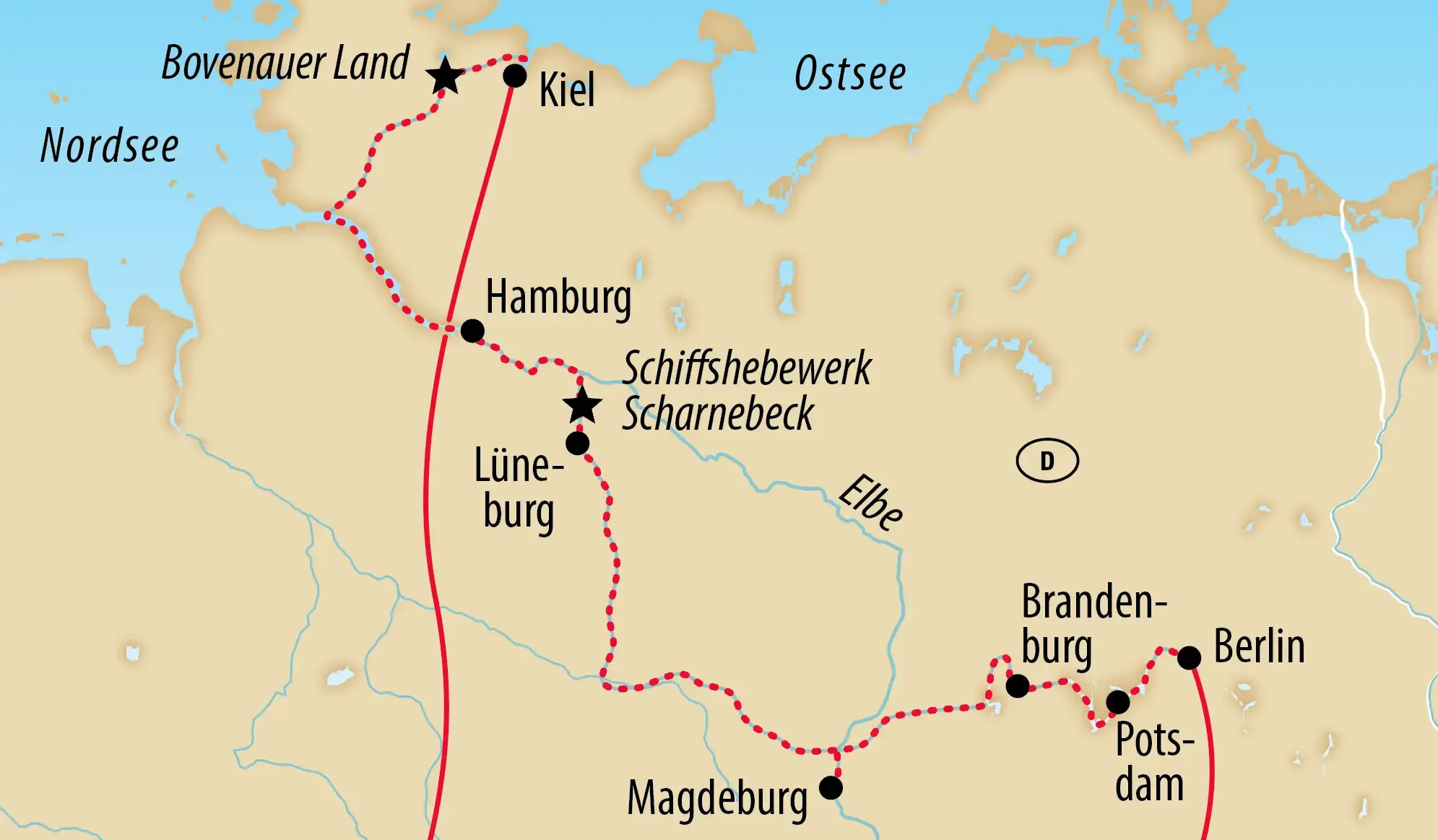 Karte einer Flusskreuzfahrt durch Norddeutschland von Kiel über Hamburg, Lüneburg, Magdeburg und Potsdam bis nach Berlin