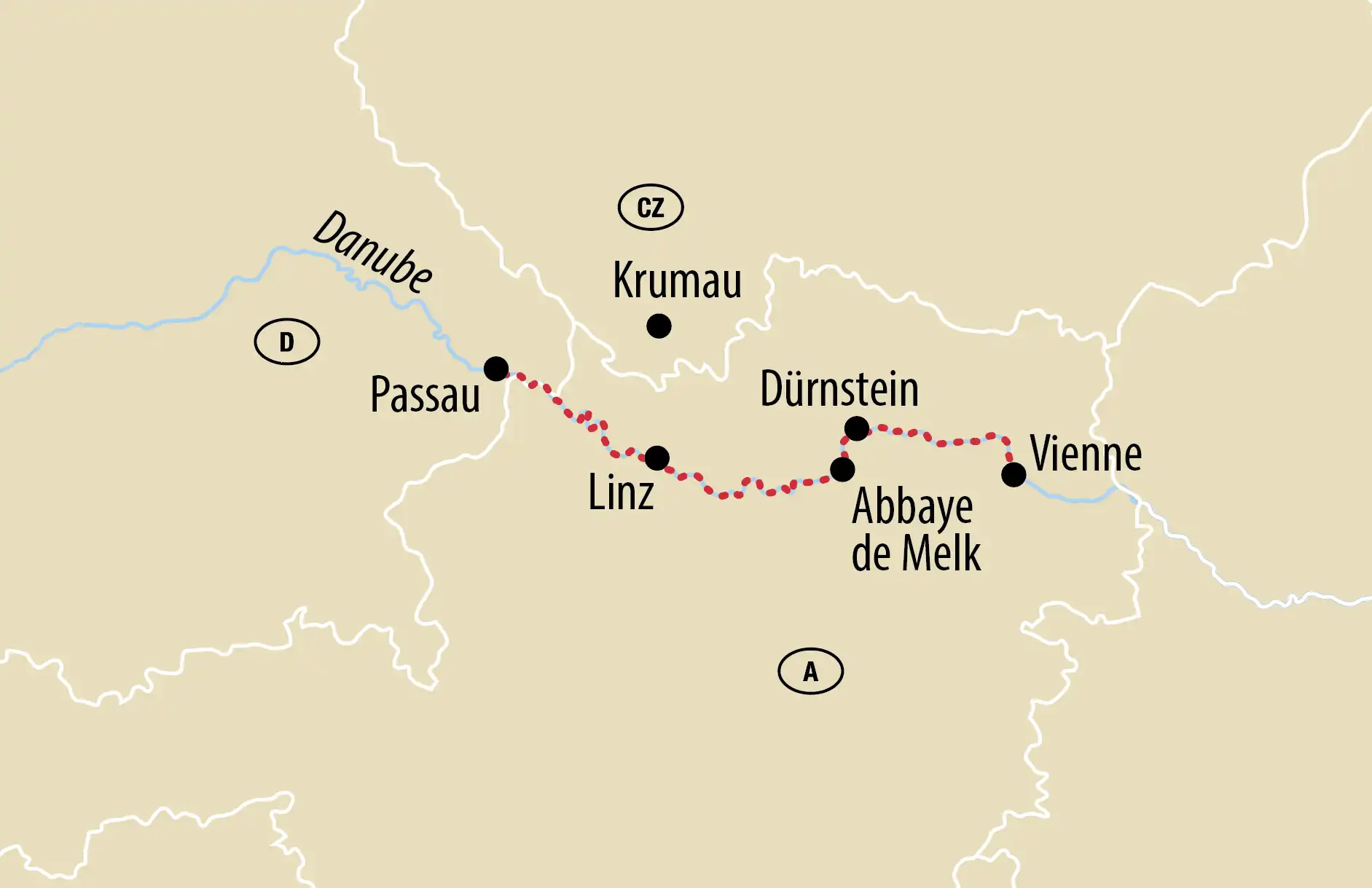 Carte de l’itinéraire le long du Danube entre Passau, Linz, Dürnstein, l’abbaye de Melk et Vienne