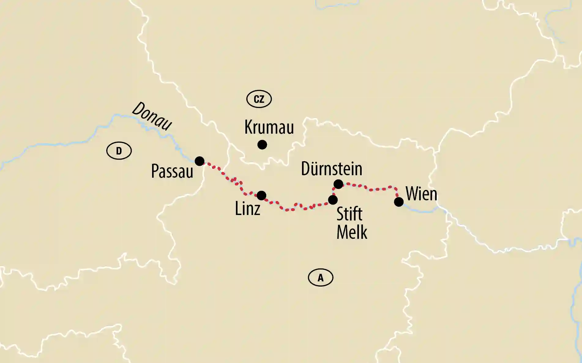 Karte der Route entlang der Donau zwischen Passau, Linz, Dürnstein, Stift Melk und Wien