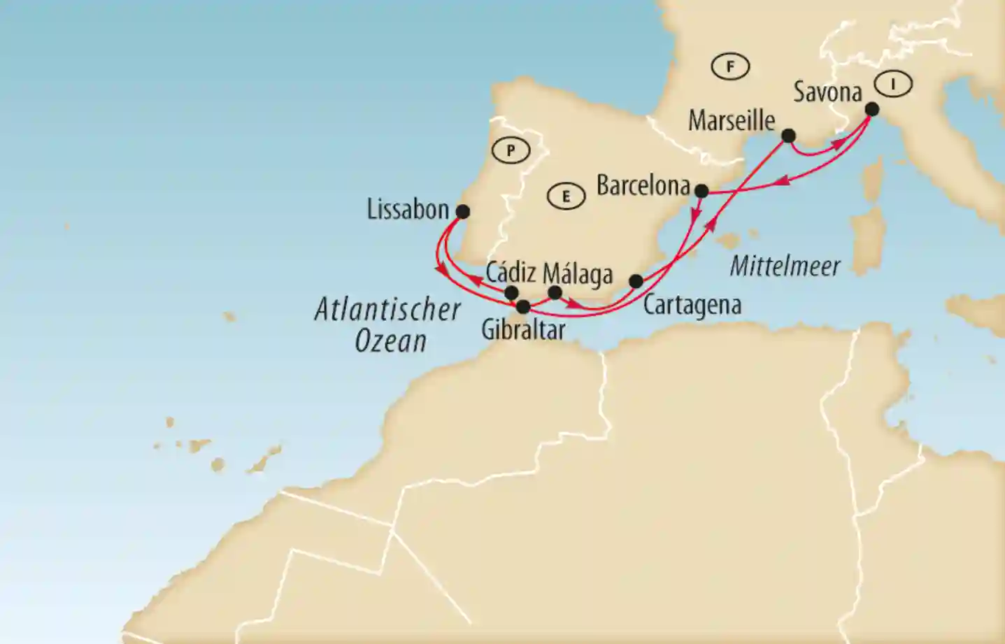 Karte mit eingezeichneter Kreuzfahrtroute im westlichen Mittelmeer mit Stationen in Lissabon, Cádiz, Málaga, Barcelona, Marseille und Savona