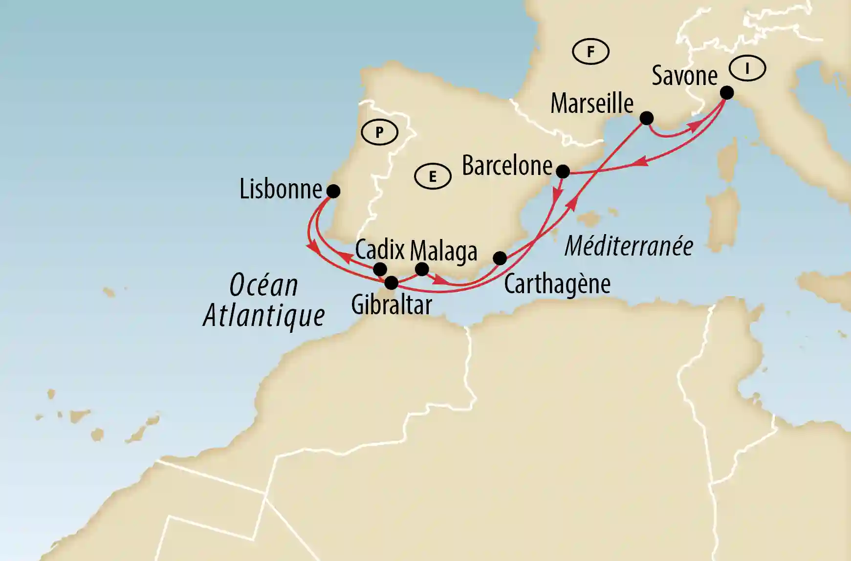 Carte d'une croisière de Savone via Barcelone, Malaga et Lisbonne le long de la Mediterranée et de l'ocean Atlantique