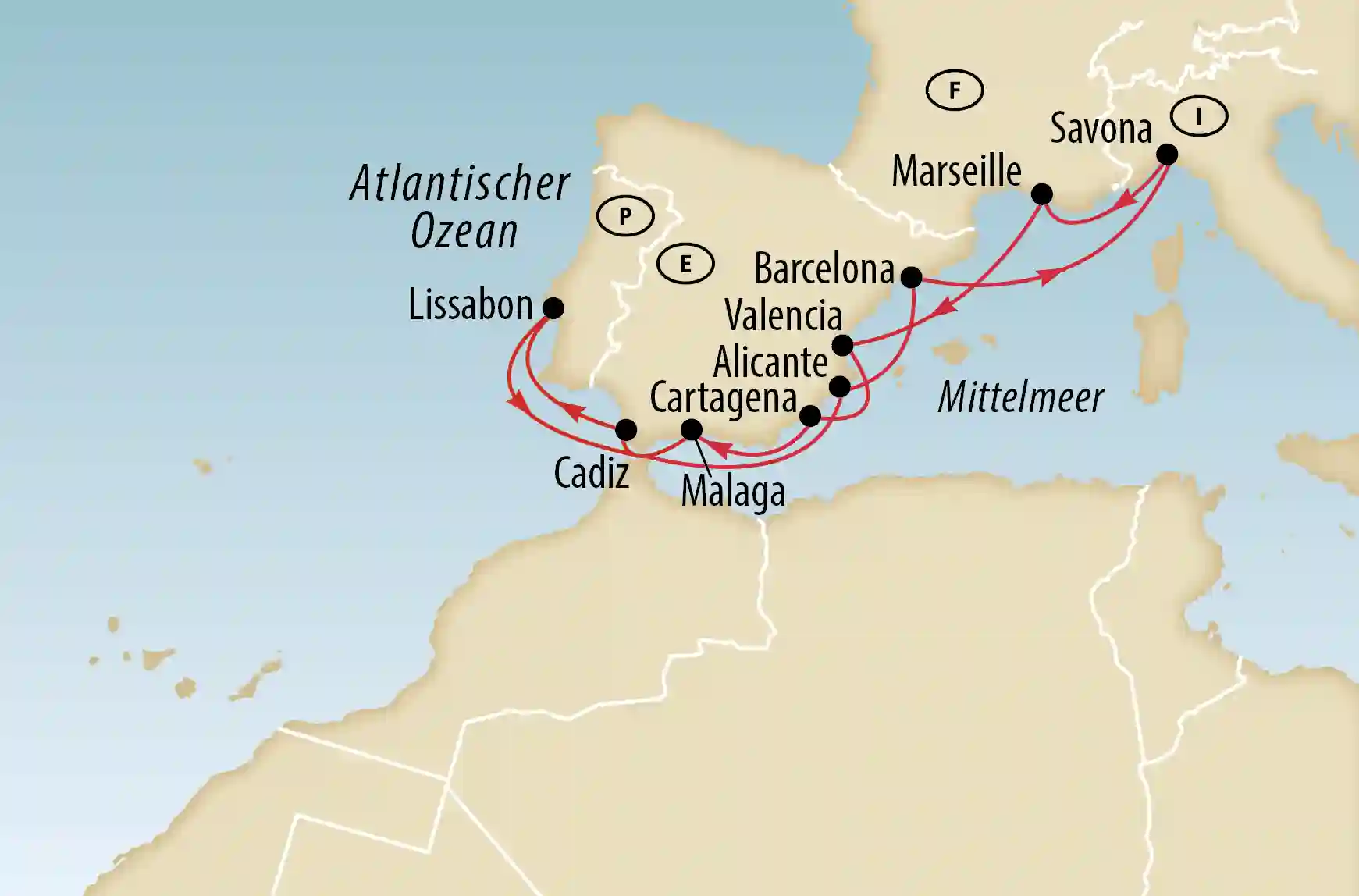 Karte einer Kreuzfahrt von Savona über Barcelona, Malaga und Lissabon entlang von Mittelmeer und Atlantik
